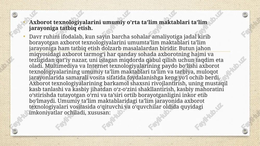 t texnologiyalari ta’limni amalga oshish jarayonida hayot bilan uyg‘unlashtirishga imkon beradi. o‘qitishni kelajakdagi kasbiy faoliyat bilan chambarchas bog‘lash imkoniyati paydo bo‘ladi. axborot texnologiyalarini qo‘llashda o‘quvchi shaxsining butun imkoniyatlarini amalga oshirishga: kompyuter vositalari orqali bolaning bilishga oid, axloqiy, ijodiy, muloqot qilish va estetikaviy imkoniyatlarini, qobiliyatlarini ro‘yobga chiqarishga intilish lozim. kompyuter va axborot texnologiyalarini o‘quvchi shaxsini rivojlantirishning to‘laqonli vositasiga aylantirish uchun o‘qituvchining o‘zi axborot texnologiyalari sohasida bilimdon (salohiyatli) bo‘lishi kerak. jahon pedagogikasi amaliyotida qator olimlar, jumladan, m. v. bulanova toporkova va boshqalar o‘qituvchining axborot texnologiyalari sohasidagi bilimdonligini quyidagi sifatlar bilan baholaydilar: 1) zamonaviy axborot muhitida faoliyat tajribasini baholash va integratsiyalashga qodirlik; 2) shaxsiy ijodiy sifatlarini rivojlantirishga intilish; 3) umumiy komunikativ (o‘zaro muloqot qilish) madaniyatining yuqori darajada bo‘lishi; 4) axborot vositasida o‘zaro birlashib xatti-harakatlarni bajarish masalasida nazariy tushunchalarning va uni tashkillashtirish tajribasining bo‘lishi; 5) o‘zini refleksiyalash (o‘z ruhiy holatini tahlil qilish) ehtiyojining bo‘lishi; 6) axborotni qabul qilish, tanlash, saqlash, qayta tiklash, taqdim etish …