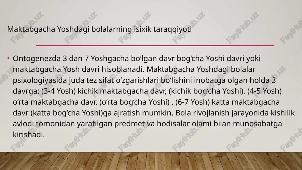 sida juda tez sifat o‘zgarishlari bo‘lishini inobatga olgan holda 3 davrga: (3-4 yosh) kichik maktabgacha davr, (kichik bog‘cha yoshi), (4-5 yosh) o‘rta maktabgacha davr, (o‘rta bog‘cha yoshi) , (6-7 yosh) katta maktabgacha davr (katta bog‘cha yoshi)ga ajratish mumkin. bola rivojlanish jarayonida kishilik avlodi tomonidan yaratilgan predmet va hodisalar olami bilan munosabatga kirishadi. image2.jpeg image3.jpeg image4.jpeg image5.jpeg image6.jpeg image1.jpg bolaning jismoniy va psixik i kamoloti —e dayrlari oo ¢ tafakkurda esa amaliy masalalar ishining usullarini bitta umumiy jarayoniga birlashtirish sifatida yaqqol namoyon bo'ladi. shuning asosida nnsoniy intellekt shakllanadi va rivojlanadi. maktabgacha davrda tasavvur, tafakkur va nutq umumlashadi. bu esa bu yoshdagi bolalarda tafakkur qilish omili sifatida ichki nutg yuzaga kelayogganligidan dalolat beradi. ws vosrelel o'relatnieiainy so o'rgangan so'z 3ta sed osa otgahigan soz iboringiz uchun rahmat! /docprops/thumbnail.jpeg aa i) maktargachayoshdag! bolalarning pkk sansganen. 2) maktasgachayosaidagi bolalar oyinining 2) maktasgachayosaidag! bolalar bis |aratoniarining rvoranish
