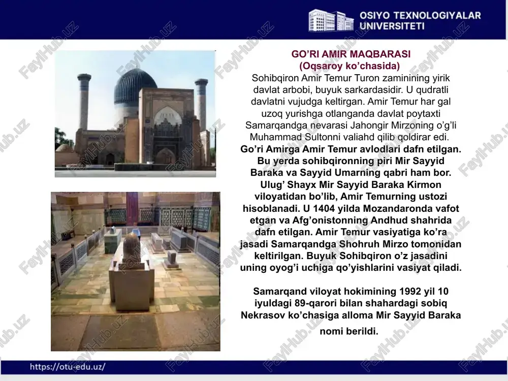 iy etish uchun keladi va jangda halok bo’ladi. uning jasadi hozirgi afrosiyob tepaligining janubiy-sharqiy qismiga dafn etiladi. qusam ibn abbos haqida “qandiya” kitobida shunday satrlar keltirilgan: “hyech bir mozor shohizinda mozoridek ulug’ emasdir. payg’ambarimizning muborak yuzlarini ko’rgan oxirgi kishi ham qusam ibn abbosdir”. shuningdek, payg’ambarimizning “qusam ibn abbos o’zining yuz tuzilishi, husni va fazilatlari, odatlari bilan menga ko’proq o’xshaydi” - degan hadislari ham bor. shohizinda maqbarasi registon ansambli – samarqandning registon maydonida uch madrasa ( ulug’bek madrasasi , tillakori madrasa, sherdor madrasa) dan iborat me’moriy majmua. dastlab ulug’bek madrasasi bunyod etilib(1417-1420), keyinchalik qarshisiga -maydon sharqiga ulug’bek xonaqohi (1424) , shimoliga mirzoyi karvonsaroyi, janubiga alika ko’kaldosh juma masjidi(1430) qurdirgan , yonida esa yog’ochdan xotamkori uslubida masjidi muqatta va abusaid madrasasi qurilgan . ulug’bek madrasasi (1417-1420 yillar) ulug’bek madrasasi movarounnahr hukmdori, buyuk olim va munajjim mirzo ulug’bekning buyrug’iga ko’ra 1417-1420 yillarda qurilgan. ushbu madrasa markaziy osiyoda saqlanib qolgan eng qadimgi o’quv yurti …