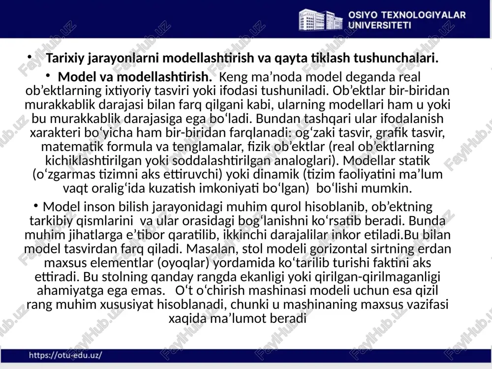 ular orasidagi bog‘lanishlar esa kompyuter dasturi ko‘rinishida modellashtirilishidan iborat bo‘ladi. bunday dasturlar tizim yoki uning biror qismini kompyuter ekranida ifodalash, tizim faoliyatining sonli xarakteristikalarini olish uchun xizmat qilishi mumkin. kompyuterli modellashtirish og‘zaki, grafik va matematik usullarda ifodalash qiyin bo‘lgan murakkab tizimlarni o‘rganishda, hodisalarning turli variantlari ehtimoli bo‘lgan davomli jarayonlarni o‘rganishda ko‘proq foydalaniladi. tarixiy jarayonlar ham aynan ana shu kategoriyaga tegishli bo‘lib, ularga og‘zaki modellash uslubi mos kelmaydi. ko‘p hollarda matematik modellashtirish uslubi effektiv bo‘lib, qaralayotgan ob’ekt faoliyati formula va tenglamalar sistemasi vositasida ifodalanadi.shu zaylda ehtimollar nazariyasining matematik asosi bir holatdan boshqasiga tasodifiy o‘zgaruvchi tizimlarni tasvirlashga imkon beradi. ammo matematik modellashtirish ko‘p sonli bir xildagi yoki bir-biriga o‘xshash elemenlar mavjud bo‘lgandagina effekt beradi. ko‘p sonli turli tipdagi ob’ektlarni tasvirlovchi matematik modellar juda murakkablashib, katta xajmdagi hisob - kitoblarni talab etadi.kompyuter dasturlari og‘zaki, grafik va matematik modellash usullarini birlashtirish imkonini beradi. shuningdek, zamonaviy axborot texnologiyalari natijalarni sonli, grafik va dinamik (animatsion) ko‘rinishlarda …