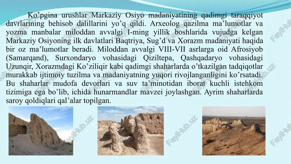 rkibiga aynan baqtriyadan tashqari marg'iyona va so'g'diyona ham kirgan. shuning uchun u qadimgi bir-biriga qarindosh bo'lgan elatlarning davlat birlashmasi deyilgan. bu davlatning aholisi asosan dehqonchilik, chorvachilik va savdo bilan shug'ullangan. baqtriyaning shahar xarobalariga qiliztepa, uzunqir, bandixon va boshqalar kirgan. mil.av.530 yilda eron ahamoniylaridan bo'lgan kir ii massagetlarga qarshi hujum qiladi. u malika to'maris bilan to'qnashadi va undan yengiladi. undan so'ng yana eron ahamoniylaridan bo'lgan doro i mil.av. 519 yilda saklarga qarshi hujum qiladi va uning ham yurishi muvaffaqiyatsiz tugaydi. lekin ahamoniylar ayrim bosib olingan mamlakatlarni alohida viloyat - satrapliklarga bo'lib boshqaradilar. satrap forscha "xshatra" ya'ni "viloyat" degan ma'noni anglatadi. markaziy osiyoning bosib olingan viloyatlari uch satraplikka bo'linadi. mil.av. 5-4 asrlarda markaziy osiyo hududida dastlabki ahamoniylar tanga pullari tarqalgan. mil.av.329 yilda makedoniyalik iskandar markaziy osiyoga hujum qiladi. greklarga qarshi spitamen mardonovar kurashgan. aleksandr makedonskiy markaziy osiyoning ko'plab joylarini bosib oldi va 12ta shahar qurdirgan. u bu yerda 3 yil hukmroklik qilgan. …