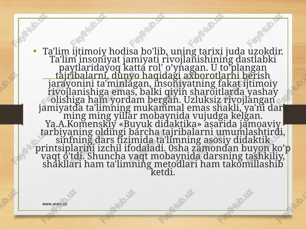 i baholashning asosiy tashkiliy shakli quyidagi ma'lum belgilarga ega bo'lgan mashg’ulotlarga guruxiy yo’sinda o'tkaziladi www.arxiv.uz mashgulotlarning har yili va har bir o'qish kuni bir paytda boshlanishi: guruhdagi bolalarning yoshi va soni jihatdan baravarligi material o'rganish sur'atining bir xilligi o'quv mashgulotlarining ma'lum tashkiliy shaklda o'tkazilishi www.arxiv.uz www.arxiv.uz www.arxiv.uz guruhli mashg’ulotlarning sinf-dars tizimi deb atalgan bunday shakli keng tarqaldi, mustahkamlandi va hozir ham ancha takomillashgan holda mavjuddir. maktab rivojlanish tarixida 20-yillarda ta'limning yakka tartibdagi shakli notanqidiy yo’sinda qabul qilindi va amaliyotga ta'limning brigada laboratoriya metodi kiritildi. unda bu guruh (5-6 nafar) o'quvchilar o'qituvchi tavsiya etgan materialni mustaqil holda o'rganganlar. o'qituvchi maxsus tushuntirishlar bermay, fakat yo'l yo'riqlar ko'rsatgan. hamma narsa uchun brigadir javob bergan. bunday ta'lim bolalarning o'quv faoliyati uchun ma'suliyatini pasaytirgan. maktab barham topishining noto’g’ri pedagogik kontseptsiyalari davrida ta'limning (mashqlar metodi) deb atalgan shakli vujudga kelgan. unda o'quvchilar o'qituvchining topshirig’i bo’yicha qandaydir ob'ektning loyihasini tayyorlaganlar. mazkur g’oyalar mualliflaring aytishicha o'quvchilar loyihani tuzishda …