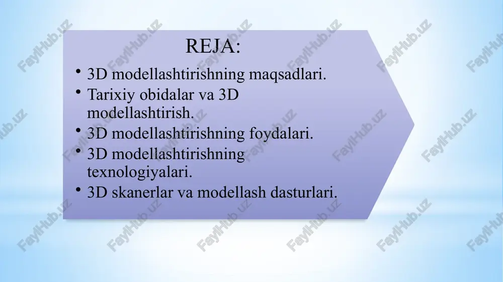 hda prototip tayyorlash uchun 3d modellashtirish jarayoni qo`llaniladi. bu jarayon dizaynni sinab ko`rish va takomillashtirishga yordam beradi. 3d modellar ta’limda murakkab tushunchalarni tushuntirishda yoki simulyatsiyalar o`tkazishda qulaylik yaratadi. 3d modellashtirish turli sohalarda, jumladan, arxitektura, muhandislik, zamonaviy san’at, o`yinlar va ko`plab sohalarda samarali qo`llaniladi. modellashtirish jaroyanida turli variantlarni sinab ko`rish imkoniyati mavjud, bu esa eng yaxshi dizayn yechimini topishga yordam beradi. dizayn g`oyalari tezda 3d modellashtirish orqali vizualizatsiya qilinishi va sinovdan o`tkazilishi mumkin, bu esa vaqt va xarajatlarni tejashga yordam beradi. 3d modellashtirishning texnologiyalari. 3d modellashtirish texnologiyalari turli xil ilovalar va sohalarga qarab rivojlanib bormoqda. quyida ushbu texnologiyalardagi asosiy yo`nalishlar va usullar keltirilgan: poligon modellashtirish: bu metodika o`yinlar va animatsiyalar uchun keng qo`llaniladi. nurbs[non-uniform rational b-splines]: asosan sanoat dizayni va muhandislik sohasida ishlatiladi. cad[computer-aided design]: miqyosli va texnik modellar yaratishda ishlatiladi.asosan muhandislik va arxitektura sohalarida qo`llaniladi. sculpting[skulptura]: san’at va animatsiyalar uchun yuqori darajadagi detallar bilan modellar yaratishga mo`ljallangan. parametrik modellashtirish: matematik …