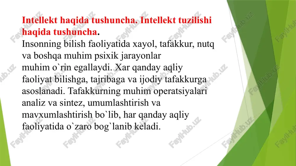 igi va ushlab ko`rishistagi: b)xarakatlarning faolligi va ko`proq ushlab ko`rish: v)o`yinchoqni uni bajaradigan funktsiyasiga mos ravishda o`ynash: g)o`yin vaziyatida yangi (almashtiruvchi) elementlarning mavjudligi: d)o`ynning davomiyligi: e)berilgan o`yinchoqda extiyojning saqlanishi. bu extiyojlar 1-3 yoshdagi bolalarda o`yin vaziyatida faollikni aniqlashga qaratilgan. kattaroq yoshdagi bolalar uchun dignostik o`lchovlar bir muncha kengayadi. ularda nutq rivojlanganligi, fazoviy ko`rish tasavvurligining, xayolning, tafakkur operatsiyalarini bajarish usullarinining rivojlanganligi kabi o`lchovlarni kiritish mumkin. shuning uchun ham maktabgacha tarbiya muassasasida tarbiyachi u yoki bu psixik jarayonlarni rivojlantirish maqsadida didaktik materiallardan foydalanish mumkin. (rasmlarga qarab hiqoya tuzish, kubiklar yasash, rasmlar chizish va boshqalar). intellekt va intellektual testlar. qismlardan rasm xosil qilish metodikasi a.n.bernshteyn(1911) tomonidan taklif etilgan bo`lib, tafakkur xususiyatlarini, rasmning yaxlitligini taxlil qila olish, qobiliyatni o`rganishga mo`ljallangan. tajriba o`tkazish uchun rasmlar to`plami (murakkabligi ortib boradigan 6 ta rasm) kerak bo`ladi: birinchi 3 ta rasm 4 qismga bo`lingan bo`lishi kerak, qolganlari ko`proq qismlarga bo`linadi. bunda birinchi va to`rtinchi rasm bir xil bo`lishi …