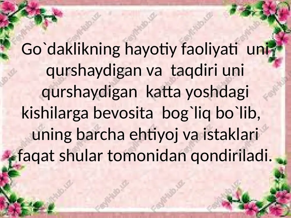 aroq javob reaksiyasi yuqori bosqichiga ko`tariladi. m. yu.kistovaskaya 1yoshgacha bolalada kattalar bilan muloqga kirishish ning murakkalashib borishini o`rganib, 3oylikdan 6 oylikgachabolalarda katta yoshdagi odamlar bilan tanlab munosabatda bo`lishi kuzatiladi foydanlanilgan adabiyotlar: internet ma’lumotlari 2.e. goziyev “ontogenez psixologiyasi” e’tiboringiz uchun rahmat! image1.jpeg image2.jpeg image3.jpeg image4.jpeg image5.jpeg image6.jpeg image7.jpeg image8.jpeg image9.jpeg image10.jpeg image11.jpeg image12.jpeg image13.jpeg image14.jpeg image15.jpeg image16.jpeg image17.png image18.jpeg vts_01.1