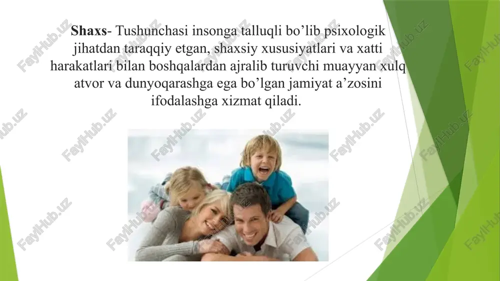tini o’zgartiradi.shaxsga ijtimoiy muhitning ta’siri ham muhim. bu tarbiya tizimi orqali amalga oshiriladi. ya’ni tarbiya ta’sirida muhit bera olmagan bilim, ma’lumot egallanadi, mehnat va texnik faoliyat bilan bog'liq ko’nikma va malakalar hosil bo’ladi. tarbiya tufayli tug'ma kamchiliklar ham o’zgartirilib, shaxs kamolga etadi. tarbiya yordamida muhitning salbiy ta’sirini ham yo’qotish mumkin. tarbiya kelajakka qaratilgan maqsadni belgilaydi. demak, tarbiya bilan rivojlanish bir-biriga ta’sir etadi, bu tarbiya doimiy va uzluksizdir. shaxs rivojlanishi nimalarga bog’liq irsiyat muhit tarbiya faoliyat shaxs rivojlanishida faoliyatning o’rni ahamiyatlidir bu degani inson qanchalik mehnat qilsa, uning rivojlanishi shunchalik yuqori bo’ladi. faoliyat o’zi nima? faoliyat shaxs tomonidan tabiiy va ijtimoiy hayotni maqsadga muvofiq tashkil etiluvchi kundalik, ijtimoiy yoki kasbiy harakatlarning muayyan shakli, ko’rinishi. insonning qobiliyati va yoshi u tomonidan tashkil etilayotgan faoliyat mohiyatiga ko’ra belgilanadi. faoliyat jarayonida inson shaxsi, har tomonlama va bir butun, yaxlit holda rivojlanadi. lekin faoliyatni maqsadga muvofiq amalga oshirishi uchun uni to’g’ri tashkil etish lozim. lekin …