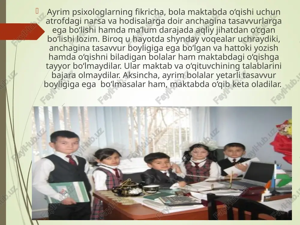 an intilishlarining konkret ifodasidir. ta’limga psixologik tayyorlik deganda bolaning obyektiv va subyektiv jihatdan maktab talabiga munosibligi nazarda tutiladi. u maktab ta’limiga avval psixologik jihatdan tayyorlanadi. binobarin, uning psixikasi bilim olishga yetarli darajada rivojlanadi. shu yoshdagi bola idrokining o‘tkirligi, ravshanligi, sofligi, aniqligi, o‘zining qiziquvchanligi, dilkashligi, xayrixohligi, ishonuvchanligi, tafakkurining yaqqolligi bilan boshqa yoshdagi bolalardan ajralib turadi. maktab ta’limiga tayyorlanayotgan bolada diqqati nisbatan uzoq muddatli va shartli barqaror bo‘ladi. bola diqqatining xususiyatlari rolli va syujetli o‘yinlarda, rasm chizish va qurish-yasash mashg‘ulotlarida, loy hamda plastilindan o‘yinchoqlar tayyorlashda, o‘zgalar nutqini idrok qilish va tushunishda, matematik amallarni yechishda, hikoya tinglash va tuzishda ko‘rinadi. diqqat o`qish jarayonining zarur sharti bo`lib hisoblanadi. idrokning to`laligi, to`g`riligi, tezligi, esda qoldirishning tez va aniqligining diqqatiga bog`liqdir. fikrlash jarayonlari diqqat tufayli aniq,mantiqli, mazmunli bo`ladi. chunki,o`quvchilarning mutstsaqil ravishda masala echishlari va masala tushunishdan oldin ular diqqatning kuchi va barqarorligini ta`minlaydi. o`quvchilarning aqliy faoliyatining zarur shartlarini ta`minlash uchun o`qituvchi kichik yoshdagi o`quvchilar diqqatining xususiyatlarini …