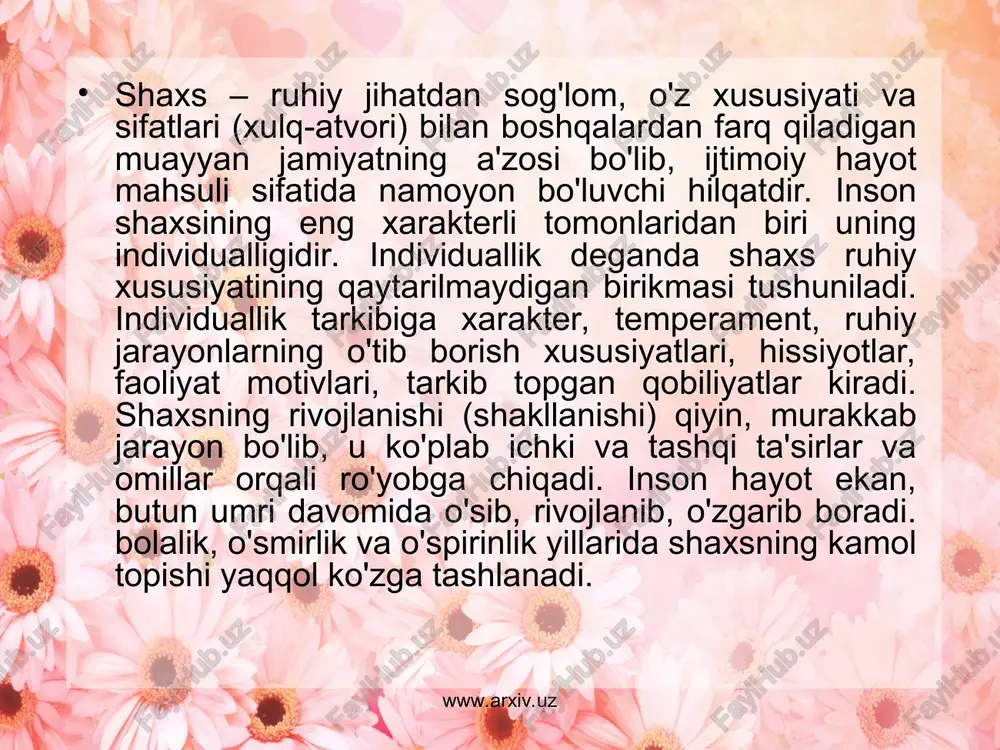 ota-onasidan meros shaklida ba'zi biologik sifatlarga (tananing tuzilishi, sochning, ko'zning, terisining rangi, bo'yi-basti va boshqalarga) ega bo'lgan holda dunyoga keladi. bularga jismoniy xususiyatlar ham deb ataladi. bolaning fiziologik xususiyatlariga oliy nerv faoliyatining tug'ma o'tishiga aytiladi. irsiylik – kishining o'ziga xosligini belgilab beradigan anatomik, fiziologik, psixologik, tashkiliy jihatlar, ota-ona tomonidan irsiy birliklar orqali o'tadigan xususiyatlar (belgilardir). www.arxiv.uz www.arxiv.uz biologik omilning inson shakllanishidagi o'rni muhim va o'ziga xos irsiyatning ahamiyatini inkor etib bo'lmaydi, insonga xos xususiyatlar – aqliy va jismoniy mehnat qobiliyati, tafakkur va nutq ham tug'ma o'tishi mumkin, lekin bu tug'ma imkoniyatlar rivojlanishi uchun inson bolasi insoniy muhit, odamlar orasida yashashi, odamlar bilan aloqa qilishi, ijtimoiy hayotda qatnashishi va ma'lum xulq-odob qoidalariga amal qilishi lozim. chunki inson biologik mavjudot sifatida emas, balki ijtimoiy mavjudot sifatida rivojlanadi va kamolga yetadi. bola nutqni egallashi uchun nutq sharoitida, mehnat qilish uchun mehnat sharoitida, aqliy taraqqiy etmog'i uchun aqliy faoliyat sharoitida yashamog'i kerak. www.arxiv.uz www.arxiv.uz …