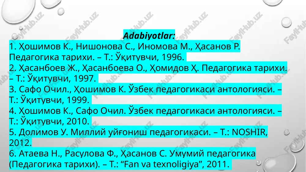 o’zbekistonda pedagogika tarixini o’rganishga doir eng keng tarqalgan davrlashtirish o’zida quyidagi bosqichlarni aks ettiradi: 1) eng qadimgi davrlardan o’zbekiston respublikasi mustaqillikka erishgunga qadar; 2) mustaqillikka erishilgandan to hozirgi kungacha o’zbekistonda pedagogik fikrlar rivoji; 3) jahon pedagogik fikrlari rivoji (eng qadimgi davrlardan hozirgi kungacha). xalq pedagogikasi xalq ommasi orasida hukmronlik qiluvchi tarbiyaning maqsadi va vazifalariga bo’lgan qarashlarni ifodalovchi amaliy pedagogik bilimlar va tajribasining sohasidir. pedagoka tarixini o’rganish manbalari: 1) arxeologik yodgorliklar; 2) qo’lyozmalar; 3) xalq og’zaki ijodi; 4) adabiy yodgorliklar; 5) hujjatlar; 6) badiiy adabiyot; 7) memuarlar; 8) sharq va g’arb mutafakkirlarining asarlari. e’tiboringiz uchun raxmat! image3.png image4.png image5.png image6.png image7.jpeg image8.png image9.png image1.png je 12] ‘maxsus pedagogika gee /docprops/thumbnail.jpeg — en pesogoni alr rosa stag andina! your mented tin- bya