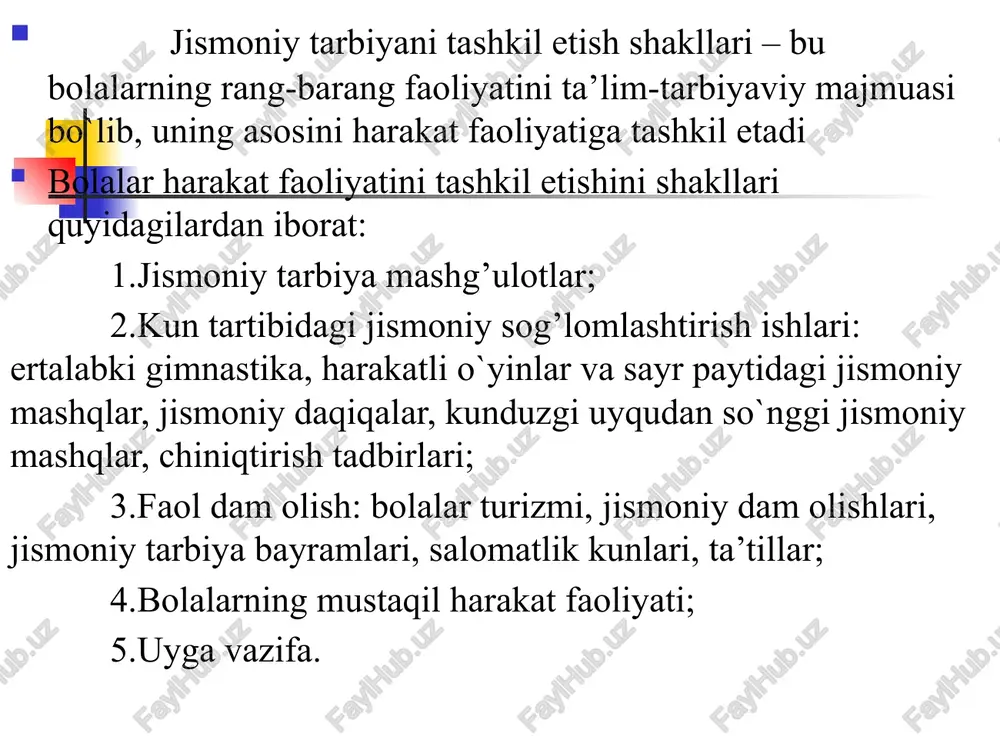 an, diqqatning tayyorgarlik darajasini tekshirishdan, ayrim harakat ko`nikmalarini aniqlashtirishdan, bola organizmini asta-sekin mashg’ulotning asosiy qismida kechadigan birmuncha intensiv tez faoliyatga tayyorlashdan iboratdir. bunday mashqlarga quyidagilar kiradi: -saflanish mashqlari – turlicha saflanishlar va qayta saflanishlar; -turli topshiriqlar bilan bajariladigan yurish va yugurish; -tarqalib yengil yugurish hamda keyinchalik katta va kichik davra, kolonna va hakozo bo`lib saflanish; -turli ko’rinishdagi va yassitovonlikning oldini olish maqsadidagi yurishlar tovonda, oyoq uchida, poldagi qalin shnur ustida, narvonda yurish va boshqalar. kirish qismi bolalarning kolonnaga uch to`rttadan bo`lib saflanishi, tarqalishi… bilan yakunlanadi. bu bolalarni mashg’ulotning asosiy qismi boshlanishidagi umumrivojlantiruvchi mashqlarni o`rgatishga o`tish uchun xizmat qiladi. bu qism kichik guruhlarda 2-4 daqiqagacha, o`rta guruhlarda 3 dan 5 daqiqagacha, katta guruhlarda 4 dan 6 daqiqagacha, davom etadi. mashg’ulotning asosiy qismi vazifalari va mazmuni. mashg’ulotning bu qismida bir holatda dastlab bolalarni umumrivojlantiruvchi mashqlarga, so`ngra asosiy harakatlarga o`rgatish va jismoniy sifatlarni tarbiyalash vazifalari belgilanadi; ikkinchi bir holatda asosiy harakat mashqlariga o`rgatish …