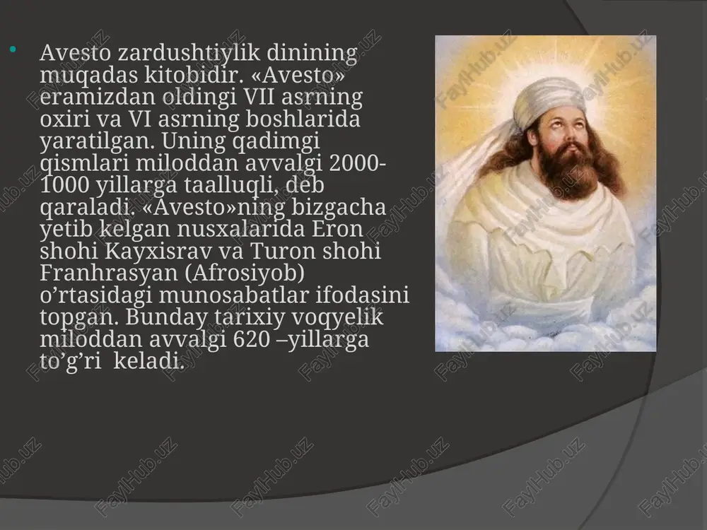 nqirozga yuz tutdi va o‘z o‘rnini feodal munosabatlariga bo‘shatib bera boshladi. bu holat zardushtiylik ichida yangi oqim moniylik ta’limotining yuzaga kelishi va kuchayishiga olib keladi. ushbu oqimning asoschisi moniy (216-276 y.) bo‘lib, u tarixiy shaxsdir. uning ta’limoti hukmron tabaqalar manfaatiga zid bo‘lgani uchun 276 yilda vahshiylarcha o‘ldirildi avestoda yer, suv, oziq-ovqat, kiyim-kechak toza saqlanishi kerakligini aytadi. avliyolarni shahar va qishloq chekkasida qurish va uni atrofi o’rab olinishi kerakligini aytib o’tilgan. suvni iflos qilmaslik va unga tupurmaslik haqida yozilgan. yerni iflos qilmaslik haqida yozilgan. yerni iflos qilgan va uni asrash qoidalarini buzgan insonlar 400 qamci urilgan. mikroblar insonni kasallanishiga sabab bo’ladi. "avesto" matnlarini o`qish imkoniyatiga egamiz. uning ayrim qisimlarini frantsuz olimi a.dyuperron tarjima qilishga muvaffaq bo`lgan. tadqiqotchi olim meri boys ko`p yillar davomida hindistondagi zardushtiylik jamoalari hayoti va urf-odatlarini o`rgangandi. bu haqida u o`zining "zardushtiylar. e`tiqodlari va urf-odatlari" kitobida hikoya qilgan. zardusht 40 yoshida yangi diniy ta`limot payg`ambari bo`ldi. "payg`mbar" so`zi …