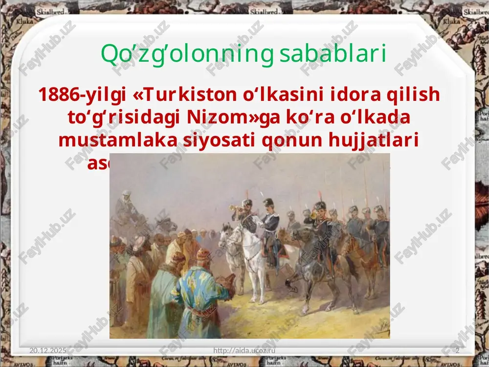 qarshi siyosat olib bordi. 14.03.2025 http://aida.ucoz.ru 9 qo’zg’olonning boshlanishi 14.03.2025 http://aida.ucoz.ru 10 turkiston o‘lkasida xix asrning oxirlarida bo‘lib o‘tgan qo‘zg‘olonlardan biri bu - 1898-yil dagi mahalliy xalqlarning mustamlakachilarga qarshi qaratilgan andijon qo‘zg‘oloni hisoblanadi. bu qo‘zg‘olonga vodiy aholisi orasida dukchi eshon nomini olgan muhammad ali (1846-1898) rahbarlik qildi. dukchi eshon mutaassib dindorlardan edi. 14.03.2025 http://aida.ucoz.ru 11 u oddiy fizikaviy holatlardan foydalanib sodda xalq o‘rtasida mo‘jizalar ko‘rsatgan. uni «avliyo» deb hisoblagan aholi qo‘zg‘olonga boshchilik qilishga undagan. dukchi eshon 1898-yilning bahor faslida vodiy ning turli joylarida muhammad ali boshchiligida qo‘zg‘olon bo‘lishi haqida gaplar tarqaladi. bu voqea va dukchi eshon to‘g‘risidagi ma’lumotlardan mustamlakachi ma’murlar ham xabardor bo‘lgan. 14.03.2025 http://aida.ucoz.ru 12 mahalliy aholining mustamlakachilik jabr-zulmlariga qarshi norozilik harakatlarining oshkora qo‘zg‘olon ko‘rinishida boshlanib ketishiga 1898-yil 17-may kuni muhammad ali o‘z odamlari orqali atrofdagi qishloqlarga xabar tarqatib, qo‘zg‘olon boshlash vaqti kelganligini e’lon qilishi sabab bo‘ldi. 14.03.2025 http://aida.ucoz.ru 13 qo‘zg‘olonchilar bilan mustamla­kachi ma’muriyat harbiy kuchlari o‘r­tasida ro‘y bergan …