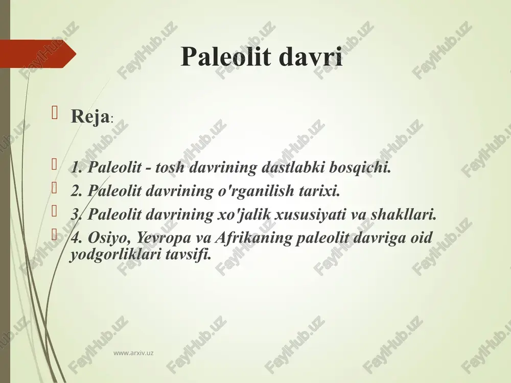 hozirgi biror hayvonga teng kelmaydigan suyak qoldiqlari, kremen toshi topiladi. bu topilmalar bojxona amaldori, havaskor arxeolog bushe de pertga katta qiziqish uyg’otadi. xix asrning 50-yillarida olduvay (tanzaniya) dan keyin 2-o’rinda turuvchi qadimgi manzilgoh - sent ashel tolpiladi. bu yerdan juda ko’plab toshdan qilingan “boltalar” topiladi (800 ga yaqin). ular ustida 25 yil davomida tadqiqot ishlarini olib boragan arxeolog rigollo ularni soxta emasligini tasdiqlaydi. keyinchalik shell (fransiya), ispaniyaning dordon departamentida solyutre va mustye manzilgohlarining topilishi tosh davri qurollarining yasalish uslubi va texnikasini o’rganishga yo’l ochib berdi. 1868 yilda shimoliy ispaniyada altamir g’oridagi qoyatosh suratlari ovchilar tomonidan topiladi va arxeolog savtuola tomonidan o’rganiladi. bunga o’xshash qoyatosh suratlari dordondagi la-mut g’orida arxeolog emil river tomonidan o’rganiladi. o’rta osiyoda paleolit davrining o’rganilish tarixi 1938 yildan boshlanadi. bu yilda a.p. okladnikov tomonidan teshiktosh g’ori topiladi va mustye davri madaniyati hamda neandertal tipga mansub odam suyaklari topiladi. natijada o’rta osiyoning boshqa hududlarida ham paleolit davriga oid …