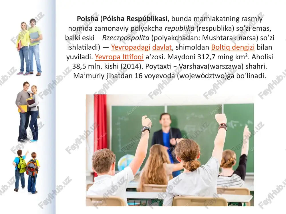 ardan karqur, kaklik, togʻlarda burgut uchraydi. dengiz, koʻl va daryolarda baliq koʻp. polshada tatra, penin va boshqa milliy bogʻlar bor. aholisining 98,5% polyaklar; ukrainlar, belaruslar, slovaklar ham yashaydi. rasmiy til – polyak tili. dindorlarning koʻpchiligi – katoliklar. shahar aholisi –62,1%. yirik shaharlari: varshava, lodz, krakov, vrotslav, poznan, gdansk va boshqa polsha respublikasi rzeczpospolita polska bayroq gerb shior: yoʻq madhiya: mazurek dąbrowskiego poytaxt varshava rasmiy til(lar) polyakcha hukumat prezidentik respublika • prezident andrzej duda • bosh vazir mateusz morawiecki mustaqillik (qayta tiklangan) maydon • butun 312,679 km2 (69-oʻrin) • suv (%) 3.07 aholi • 2017-yilgi roʻyxat 38,634,007 (35-oʻrin) • zichlik 123/km2 yim (xqt) 2017-yil roʻyxati • butun aqsh$429,349,000,000 (23-oʻrin) • jon boshiga aqsh$12,722 pul birligi polsha złoty (pln) vaqt mintaqasi utc+1 • yoz (dst) utc+2 qisqartma pl telefon prefiksi 48 internet domeni .pl asosiy siyosiy partiyalari, birlashmalari va kasaba uyushmalari demokrat partiya, 1939-yil asos solingan; konservativ xalq partiyasi, 1997-yil tuzilgan; mustaqil …