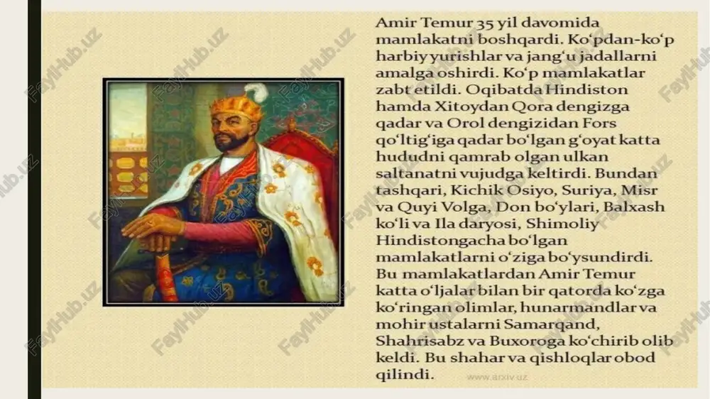 imiyatga ega bo’lgan. amir temur davlatni idora qilishda adlu adolat, qonun ustuvorligiga asoslanib ish ko’rishga, fuqaro manfaatlarini ko’zlab siyosat yurgizishga alohida e’tibor berdi. mamlakat hayotiga daxldor har bir katta-kichik masalada o’ziga yaqin tutgan xos kishilar, dinu ilm ahllari, har sohaning bilimdon vakillari bilan maslahatlashib, kengashib faoliyat yuritdi. uning aql-zakovati va donishmandligi mahsuli bo’lgan «tuzuklar»da buyuk davlatni boshqarishning barcha asosiy tamoyillari, yo’1-yo’riqlari har jihatdan asoslab berilgan edi. taniqli xorijlik olim d. logafetning yozishicha, «yevropada konstitutsiya haqida oddiy tushunchaga ham ega bo’lishmagan davrlarda uning davlatida konstitutsiyaviy qonunlar majmuasi — «tuzuk» mavjud bo’lgan». temur muhim davlat ishlarini jamiyatning yuqori qatlami vakillaridan iborat majlis (kengash)da ko’rib hal qilgan. majlisda kimlar ishtirok etishi va ularning taxtga nisbatan joylashish tartibi temur tuzuklarining «saltanat saroyida o’tirish va o’rin olish tuzugi» degan bobida batafsil ko’rsatib berilgan. unda aytilishicha, sayyidlar, qozilar, ulamo, fuzalo, shayxlar, ulug’lar va ashrof (sharaf va e’tiqodli kishilar), oliy tabaqaga mansub kishilar taxtning o’ng tomonida, amir …