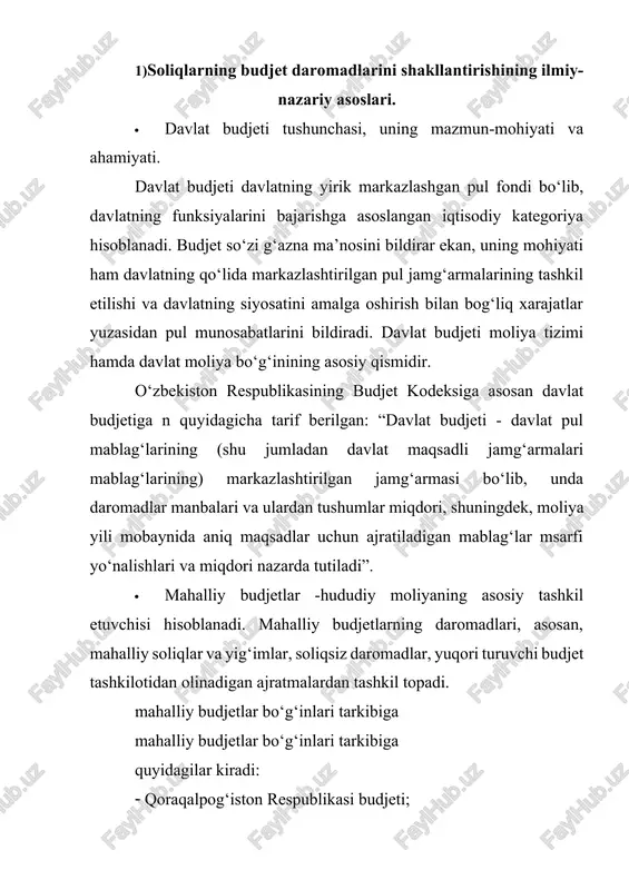 ti. · davlat budjetining harakat qilish mexanizmi ikki ko‘rsatkichda bo‘ladi: · 1. davlat budjetining daromadlari. · 2. davlat budjetining harajatlari. · daromadlar – bu davlatning sub’ekti sifatida faoliyat ko‘rsatishi uchun moliyaviy baza hisoblanadi. mbudjet daromadi birinchidan, ijtimoiy ishlab chiqarish qatnashchilari tomonidan jami ijtimoiy mahsulotni qiymatini taqsimlash natijasida shakllangan bo‘lsa, ikkinchidan, davlat ixtiyorida vujudga kelgan qiymatni maqsadli fondler hududlararo va tarmoqlararo fondlarni tashkil etish uchun qayta taqsimlash xususiyatga egadir. davlat budjeti har yili ishlab chiqiladi va tasdiqlanadi. o‘zbekiston respublikasi davlat budjeti, uning daromad va xarajatlari boshqa iqtisodiy kategoriyalar: soliq, narx, kredit, foyda, tannarx, qiymat va hakazolar bilan birgalikda turli munosabatlarga kirishar ekan, ular ustidan moliyaviy nazoratni amalga oshiradi. davlat budjeti daromadlarini shakllantirishning · davlat budjeti daromadlarini shakllantirishning shartli ravishda quyidagicha guruhlash mumkin: 1. soliqlar va soliqlarga tenglashtiriluvchi majburiy to‘lovlar; 2. davlat mulkini xususiylashtirishdan keladigan daromadlar; 3. davlat zayomlari; 4. qog‘oz pullar emissiyasi va boshqalar. · davlat daromadlari tizimida markaziy moliyaviy manba …