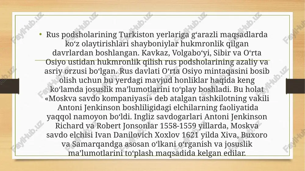 i va benevenining o‘zi zo‘rg‘a jon saqlab qoldi va faqat petr i o‘limidan so‘ng 1725 yilda rusiyaga qaytdi. florio beneveni hali buxoroda bo‘lgan chog‘idayoq josuslik ishlari bilan shug‘ullandi va rus podshosiga yozgan xatlarining chetlarida shifrovka bilan maxfiy xabarlarni yubordi. aytishlaricha, - deb yozadi a.s.pushkin - petr i o‘limi oldidan ikki narsani amalga oshira olmagani uchun armon bilan ketayotganini aytgan: prut yonidagi jangda turkiyadan yengilganini va bekovichning o‘limi uchun xivadan o‘ch ololmagani uchun qattiq afsus chekkan. markaziy osiyoni bosib olish maqsadida petr i zamonidayoq qozog‘istonning zabt etilgan xududlarida harbiy qal’alar va istehkomlar qurila boshlangan edi. 1717 yilda omsk, 1718 yilda semipalatinsk, 1720 yilda ust-kamenogorsk, 1742 yilda orenburg qal’alari qurildi. faqat xviii asrning o‘zida chor ma’murlari yovuz niyat bilan hozirgi qozog‘iston hududlarida 46 ta katta va 96 ta kichik harbiy qal’a va istehkomlar qurganlar. xviii asrning boshlarida har uchchala juzning qozoqlari qalmiq (jungar)larning doimiy bosqini ostida og‘ir ahvolga tushib qoldi. 1723 yilda …