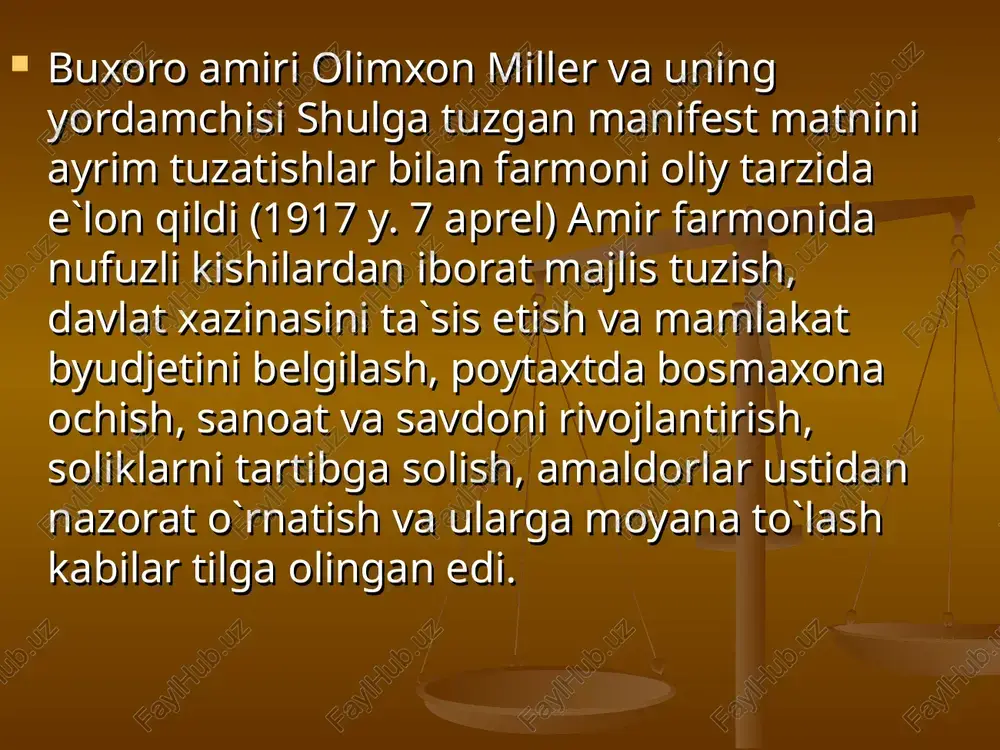 arning xilma-xilligi tufayli yagona dastur tuzishga ehtiyoj tug`ildi. markaziy qo`mita bu vazifani 1917 y. noyabrda fitratga topshirdi. markaziy qo`mita fitrat tomonidan 1918 y. yanvarda yozilgan yosh buxoro partiyasining dasturini tasdikladi va islohot loyihasi sifatida e`lon qildi. unda mamlakatda konstitutsiyaviy monarxiya o`rnatish, buxoroning iqtisodiy, siyosiy va harbiy mustaqilligini ta`minlash, madaniy taraqqiyot, dehqonchilik va soliqtizimi masalalariga alohida e`tibor berildi, zamonaviy armiyani tashkil etish, 2 yillik majburiy harbiy xizmatni joriy qilish, davlat hisobidan maktablar va oliy o`quv yurtlari ochish, 10 nozirlikdan iborat nozirlar kengashi tuzish taklif etildi. fayzulla xo`jayev fitrat loyihasining ancha cheklanganligini tanqid qilib, unda boshqaruvning respublika usulini joriy etish talab qilinmaganligini ta`kidladi. okt. to`ntarishidan keyin sovet rossiyasi bilan buxoro o`rtasidagi munosabatlar yomonlashdi. qo`qon sh.da faoliyat ko`rsatayotgan turkiston muxtoriyati hukumatini qizil askarlar va arman dashnoqlarining qurolli kuchlari yordamida 1918 y. 19—12 fevralda agdarib tashlagan bolsheviklar endi buxoroda bir zarb bilan amirlik hokimiyatini ham tugatmoqchi edi. ular shu maqsadda fayzulla xo`jayev boshchiligidagi yo. …