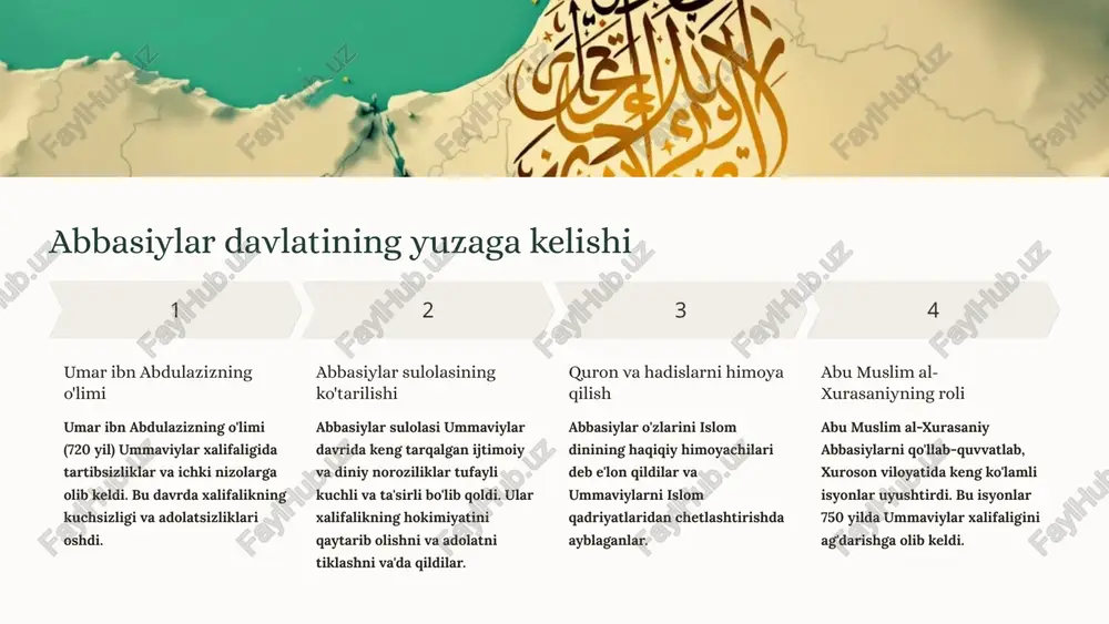 ning rivojlanishi ilm-fan abbasiylar davri ilmiy taraqqiyotda yangi davrni boshlab berdi. astronomiya, matematika, tibbiyot, kimyo va falsafada katta yutuqlarga erishildi. madaniyat adabiyot, she'riyat, musiqa, san'at va me'morchilik kabi sohalar gullashdi. arab xalifaligi madaniy markazga aylandi. ta'lim baghdad, damashq va qahramon kabi shaharlarda yirik kutubxonalar va oliy o'quv yurtlari ochildi. ilm-fan va madaniyat rivojiga katta e'tibor berildi. 4 abbasiylar davrida iqtisodiy o'zgarishlar abbasiylar davrida iqtisodiyotda katta o'zgarishlar sodir bo'ldi. xalifalikning kengayishi va savdo yo'llarining rivojlanishi katta iqtisodiy o'sishga olib keldi. yangi shaharlar qurilishi, qishloq xo'jaligi mahsulotlarining ishlab chiqarilishi va savdo-sotiq faolligining kuchayishi iqtisodiy hayotni faollashtirdi. 100 shaharlar abbasiylar davrida 100 dan ortiq yirik shaharlar rivojlandi. 2000 qishloq xo'jaligi qishloq xo'jaligida 2000 ga yaqin turli xil o'simliklar etishtirildi. 50 savdo xalifalikning 50 dan ortiq yirik savdo markazlari bor edi. 100k aholi abbasiylar davrida aholi soni 100 ming kishidan oshib ketdi. 5 abbasiylar davrida ijtimoiy-siyosiy hayotdagi o'zgarishlar ijtimoiy o'zgarishlar abbasiylar davrida ijtimoiy hayotda …