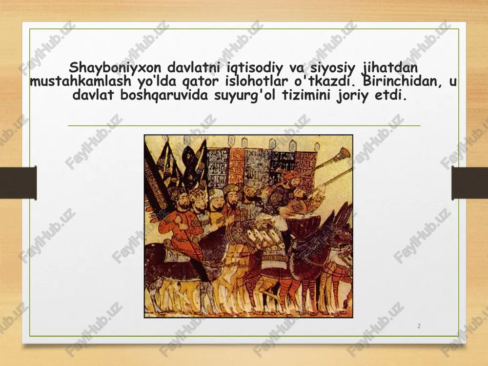 lari keyinchalik qashqadaryoning irmoqlaridan kesh viloyati yerlarini sug'orish uchun 10 dan ortiq kanallar qazitganlar. 1577-yilda buxoroda yirik usti berk savdo rastasi abdullaxon timi qurildi. nurota tumanidagi oqchob yaqinida beklarsoy darasida joylashgan qadimgi to'g'on qoldiqlari o'rnida ulkan band qurdirdi. abdullaxon bandi uning ravoqlarini to'g'on tepasida turib ochishi yoki bekitishi mumkin edi. 10 shayboniylar davrida davlat boshqaruvi. 11 shayboniylar hukmronligi yularida oliy davlat idorasi dargoh deb atalgan. uning tepasida xon turgan. shayboniylar davlatida devonbegi (bosh vazir) lavozimi katta nufuzga ega bo'lgan. u davlatda moliya va xo'jalik ishlarini boshqargan. dodxoh mansabida ishlagan amaldor dargohga tushgan arizalarni qabul qilgan va ularga javob qaytargan. shuningdek, mamlakatda adolat mezonlariga amal qilinishini nazorat qilgan. muhim davlat mansablaridan yana biri ko'kaldosh mansabi edi. 24.12.2024 12 dodxoh mansabida ishlagan amaldor shayboniylar davlatida eshikog'aboshi lavozimi ham bo'lgan. 24.12.2024 13 u dargoh xavfsizligi, undagi tartib hamda kelgan-ketganlardan xabardor bo'lib turish masalalari bilan shug'ullangan. ichki ziddiyatlar. 24.12.2024 14 shayboniylar davlatidagi ichki ziddiyatlar …