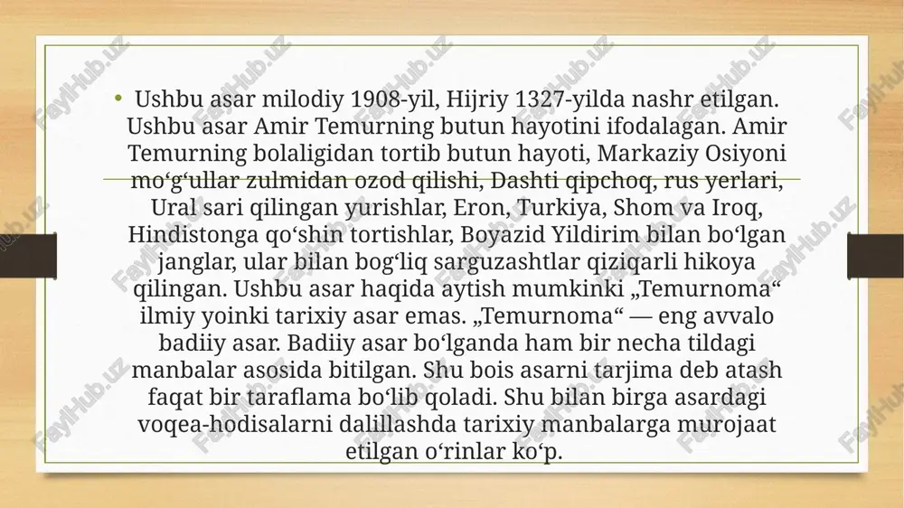 dor tomonida kurashdi va bir vaqtning o’zida barloslar qabilasini o’z atrofida jipslashtirib bordi. 1361 yilda u tug’lug’ te­mur tarafiga o’tdi va buning evaziga shahrisabz hamda qarshi hukmdori etib tayinlandi. biroq, u tug’lug’ temurning raqibi balx hukmdori amir husayn bilan ittifoq tuzdi. ular birgalikda mo’g’ullarga qarshi isyon ko’tardilar. biroq mag’lubiyatga uchragach, o’rta osiyoni tashlab seyistonga qochishga majbur bo’ldilar. seyistondagi harbiy harakatlaridan birida temur o’ng qo’li hamda o’ng oyog’idan yaralanadi. shundan keyin u bir umr cho’loq bo’lib qoldi va kelgusida ulkan davlat tuzgan bu zot «temurlang» (oqsoq temur) laqabini oldi. 1360 yilda shahrisabz va qarshining begi bo’lgan amir temur 1370 yilga kelib, ya`ni 10 yil ichida butun movarounnahrning hukmroniga aylandi. ibn arabshoh ma`lumotlaridan ko’rinadiki, temurning otasi turag’ay xudojo’y musulmon bo’lgan, u olim va darveshlarning, ayniqsa shayx shamsiddin kulor (kulol)ning do’sti bo’lgan. bu taqvodor zotning xoki go’ri amir maqbarasiga qo’yilgan yoki ko’chirilgan, temurning yangi diniy maslahatchisi hamda homiysi sayd baraka umrining oxiriga qadar …