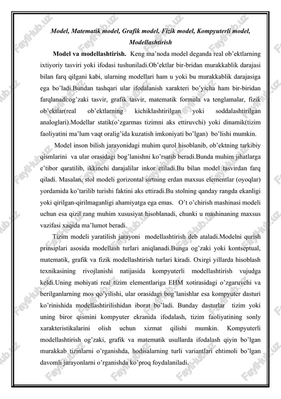 gi bog’lanishlar esa kompyuter dasturi ko’rinishida modellashtirilishidan iborat bo’ladi. bunday dasturlar tizim yoki uning biror qismini kompyuter ekranida ifodalash, tizim faoliyatining sonly xarakteristikalarini olish uchun xizmat qilishi mumkin. kompyuterli modellashtirish og’zaki, grafik va matematik usullarda ifodalash qiyin bo’lgan murakkab tizinlarni o’rganishda, hodisalarning turli variantlari ehtimoli bo’lgan davomli jarayonlarni o’rganishda ko’proq foydalaniladi. tarixiy jarayonlar ham aynan ana shu kategoriyaga tegishli bo’lib, ularga og’zaki modellash uslubi mos kelmaydi. ko’p hollarda matematik modellashtirish uslubi effektiv bo’lib, qaralayotgan ob’ekt faoliyati formula va tenglamalar sistemasi vositasida ifodalanadi.shu zaylda ehtimollar nazariyasining matematik asosi bir holatdan boshqasiga tasodidiy o’zgaruvchi tizimlarni tasvirlashga imkon beradi. ammo matematik modellashtirish ko’p sonli bir xidagi yoki bir-biriga o’xshash elemenlar mavjud bo’lgandagina effekt beradi. ko’p sonly turli tipdagi ob’ektlarni tasvirlovchi matematik modellar juda murakkablashib, katta xajmdagi hisob-kitoblarni talab etadi.kompyuter dasturlari og’zaki, grafik va matematik modellash usullarini birlashtirish imkoniyini beradi. shuningdek, zamonaviy axborot texnologiyalari natijalarni sonli, grafik va dinamik (animatsion) ko’rinishlarda ifodalash imkoniyatlariga ega. …