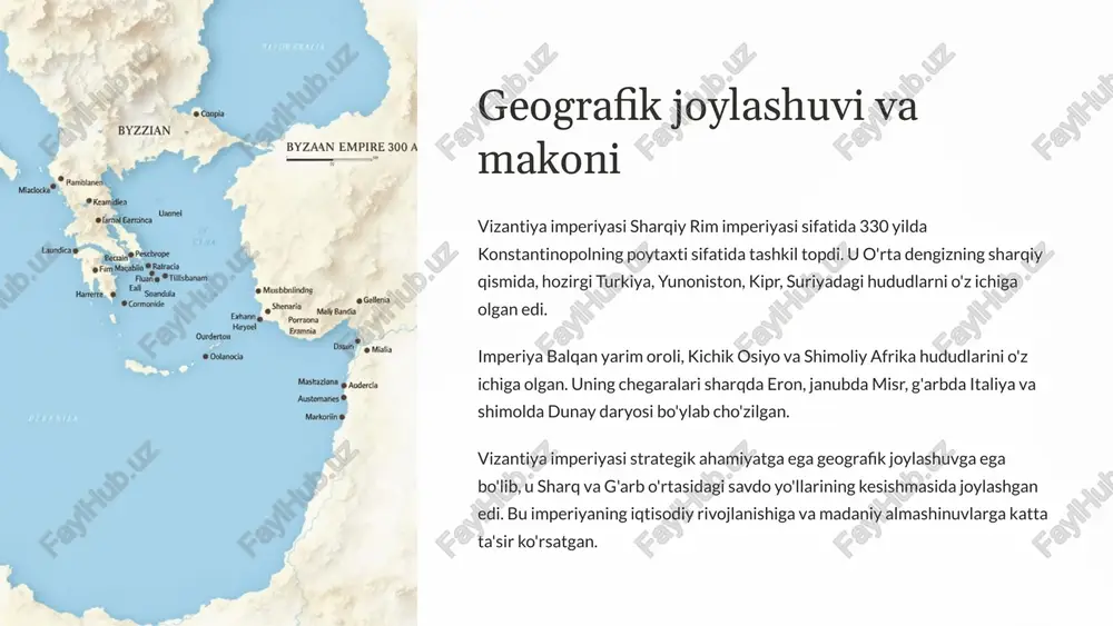 'zining boy madaniy merosini yunon-rim tsivilizatsiyasi, sharqiy xristian madaniyati va sharq tsivilizatsiyasi ta'siridan o'zlashtirgan. bu imperiya ilm-fan, adabiyot, san'at va arxitektura sohalarida muhim yutuqlarga erishdi. vizantiya san'ati, ayniqsa mozaikalar, ikonalar va cherkov arxitekturasi o'zining go'zalligi va noyobligi bilan mashhur edi. 4 byurokratiya tizimi 1 imperator vizantiya imperiyasining boshlig'i, imperator hamma narsaga javobgar edi. 2 senat imperatorga maslahat berish uchun yaratilgan, yuqori martabali amaldorlar va zodagonlardan iborat edi. 3 vazirliklar harbiy, moliyaviy, adliya va boshqa sohalar bo'yicha maxsus vazirliklar mavjud edi. 4 mahalliy hokimiyat viloyatlar va shaharlar o'zlarining gubernatorlari va merlari bilan boshqarilgan. vizantiya imperiyasining byurokratiya tizimi juda murakkab va ierarxik edi. imperator hukmronlikning markazida turib, senat va vazirliklar orqali mamlakatni boshqargan. uning hokimiyati mutlaq bo'lib, uning qo'lida barcha muhim qarorlarni qabul qilish huquqi bor edi. mahalliy hokimiyatlar viloyatlar va shaharlarda gubernatorlar va merlar tomonidan amalga oshirilgan. ular imperatorning vakillari bo'lib, uning buyruqlarini bajarishga majbur bo'lganlar. 5 vizantiya imperiyasining harbiy kuchi …