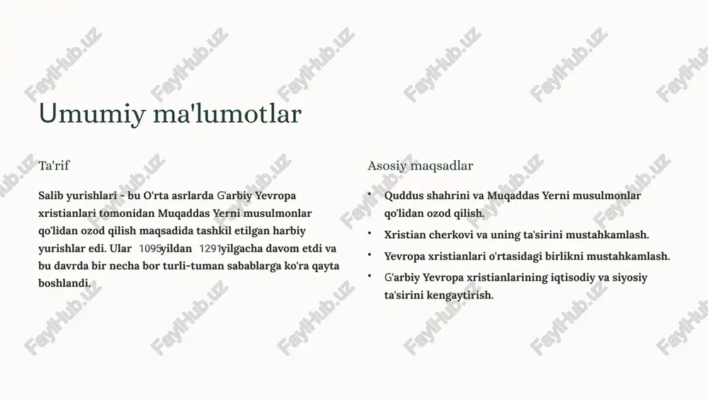 isga qilingan hujum muvaffaqiyatsiz tugadi. 4 salib yurishlari va yevropa mamlakatlarining ichki siyosati monarxiya va qudrat salib yurishlari monarxlar uchun o'z qudratlarini oshirish va yangi hududlarni egallash imkoniyatini yaratdi. iqtisodiy va ijtimoiy ta'sir yurishlarga qatnashganlar, boylikka va yangi imkoniyatlarga umid qilib, qashshoqlik va ijtimoiy tartibsizlikni qoldirib ketdilar. harbiy kuch va shaxsiy sharaf salib yurishlari yevropa mamlakatlari harbiy kuchini rivojlantirishga va shaxsiy sharafni oshirishga hissa qo'shdi. 5 mustamlakachilik va diniy xususiylashish salib yurishlari yevropaning yaqin sharqdagi ta'sirini kengaytirishga olib keldi, bu esa mustamlakachilikning dastlabki shakllariga olib keldi. xristian davlatlari quddus va uning atrofidagi erlarni nazorat qilishga harakat qildilar, bu esa mahalliy aholi uchun siyosiy va ijtimoiy o'zgarishlarni keltirib chiqardi. yevropalik xristianlar yaqin sharqdagi diniy joylarni xristianlikning xususiy mulki deb hisoblashga harakat qildilar, bu esa mahalliy musulmonlar va boshqa din vakillarining e'tiqodlari va urf-odatlariga tahdid soladi. 6 salib yurishlari va millatlararo munosabatlar urush va zo'ravonlik salib yurishlari ko'plab urushlar va qon to'kishga …
