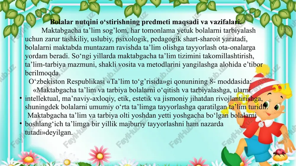 hdagi bolalar nutqini rivojlantirish masalalarini tadqiq etish o’zbekiston respublikasida o’tgan asrning 50-yillarida boshlangan. maktabgacha ta’lim sohasidagi birinchi fan nomzodi a.v.nikolskaya mahalliy millat bolalariga rus tilini o’qitish zarurligi masalasini ko’tarib chiqdi. xx asrning 70-yillarida a.v.nikolskayaning ilmiy rahbarligi ostida e.m.razbayeva tomonidan maktabgacha yoshdagi katta bolalarda o’qilgan asarlar asosida kattalar mehnatiga hurmatni tarbiyalash bo’yicha tadqiqot o’tkazildi. 1979 yildan boshlab to bugungi kungacha maktabgacha yoshdagi bolalarga ona tili va o’zga tilni (rus, o’zbek) o’qitish muammosi o’zbekiston olimlari, metodistlari, psixologlarining tadqiqot ob’yekti hisoblanadi. nutq o‘stirish nazariyasi va metodikasi fanining maqsadi maktabgacha yoshdagi bolalarda og’zaki nutqni rivojlantirish tamoyillari, unga qo‘yilgan talablar, usullari, shakllari, nutqni rivojlantirish muammolari, barkamol avlod tarbiyasida nutqni to‘g’ri shakllantirih yo‘llari va ish samaradorligi. zamonaviy pedagogik texnologiya. ta’lim-tarbiya jarayonini ilmiy asosda tashkil etish, va uning tamoyillari, qonuniyatlari. maktabgacha yoshda bo‘lgan bolalarda og’zaki nutqni rivojlantirish ishiga tayyorlashdan iboratdir. nutq o‘stirish nazariyasi va metodikasi fanining vazifalari maktabgacha yoshdagi bolalarda turli yosh bosqichlaridagi nutq rivojini ko‘ra olish …