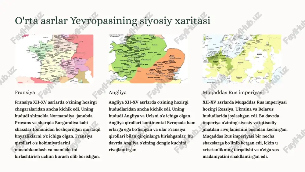 laridan biriga aylandi. kapetinglar sulolasining hokimiyati davrida fransiya qirolligi siyosiy va iqtisodiy jihatdan mustahkamlandi. fransiya qirolligining hududi kengaydi, mamlakat iqtisodiy jihatdan rivojlandi. 3 angliya qirolligining rivojlanishi 1 normanlar istilosi 1066-yilda normanlarning angliyaga bostirib kirishi angliya qirolligining rivojlanishiga katta ta'sir ko'rsatdi. 2 qirollik hokimiyatining mustahkamlanishi normanlar davrida qirollik hokimiyati mustahkamlandi va mamlakatda markazlashgan hukumat tizimi shakllandi. 3 iqtisodiy taraqqiyot normanlar davrida angliya iqtisodiy jihatdan ham rivojlandi, qishloq xo'jaligi va savdo-sotiq faoliyati rivojlandi. 4 muqaddas rus imperiyasining tashkil topishi 1 ix asr kiyev knyazligi mustaqil davlat sifatida shakllandi. bu davlat rossiya, ukraina va belorussiyaning hozirgi hududlarini o'z ichiga olgan. 2 xii asr kiyev knyazligi parchalanib, bir necha knyazliklarga bo'lindi. ular o'zaro urushda bo'lib, rossiyada siyosiy barqarorlik yo'q edi. 3 xiii asr mongol istilosi rossiyani vayron qildi va u 240 yildan ortiq vaqt davomida mongol hukmronligi ostida qoldi. 4 xiv asr rossiya mustaqillikka qaytdi va moskva knyazligi boshqa knyazliklarni birlashtira boshladi. moskva knyazlari …