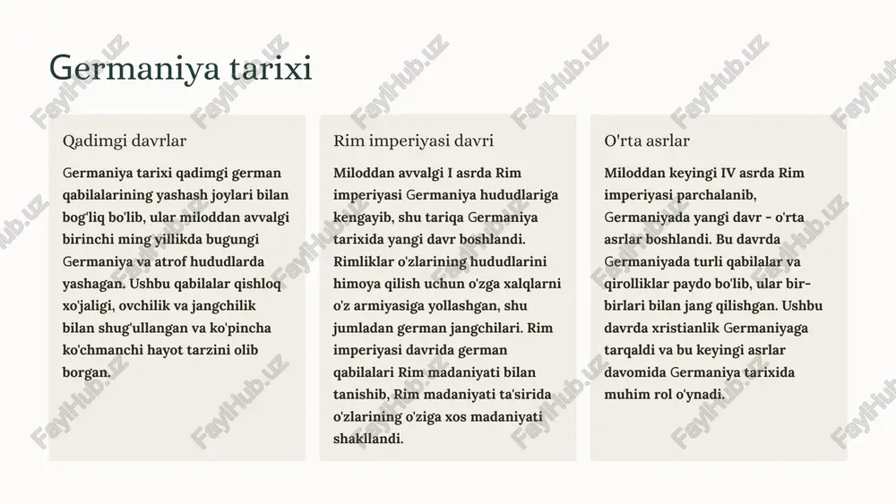 iya hududlarida v asrda kuchli bo'lib, keyin esa g'arbiy yevropada hukmronlik qilishgan. karlvang sulolasi karlvang sulolasi franklar davlatini viii asrda birlashtirib, g'arbiy yevropaning kattaroq qismini hukmronlik ostiga olgan. xristianlik karlvanglar davrida xristianlik germaniyada kuchliroq tarqalib, bu keyinchalik germaniya madaniyati va siyosati uchun muhim ahamiyat kasb etgan. 4 germaniya muqaddas rim imperiyasi 1 tashkil topish 800 yilda charlz buyuk tomonidan rim papasi tomonidan imperatorlik toji bilan taqdirlangan. 2 xristianlik rim katolik cherkovi kuchli ta'sir ko'rsatgan, imperiya xristian dunyosining markazida edi. 3 bo'linish 10-asrda imperiya zaiflashdi va qisman germaniya va italiya imperiyalarga bo'lindi. germaniya muqaddas rim imperiyasi 962 yildan 1806 yilgacha davom etgan va u yevropadagi eng kuchli siyosiy va diniy kuchlardan biri hisoblanardi. imperiyaning asosiy qismi hozirgi germaniya, shveytsariya, avstriya va chexiya hududlarini o'z ichiga olgan. 5 imperiya ichidagi viloyatlar 1 germaniya germaniya muqaddas rim imperiyasining asosiy hududi bo'lib, u frankiya, saksoniya, bavariya, shvabiya, lotaringiya va boshqa ko'plab kichikroq knyazliklarni o'z …