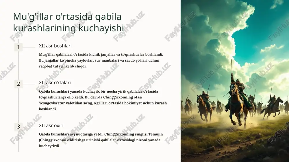 us jo'chining tashkil topishi ulus g'oyuri chinggizxonning o'g'li o'g'o'day xon hukmronligi davrida mu'g'illar imperiyasi uchta yirik ulusga bo'lingan. ulus g'oyuri osiyo markazida joylashgan edi va o'g'o'day xonning o'zi tomonidan boshqarilgan. ushbu ulus hozirgi zamon mo'g'uliston, xitoy, sharqiy turkiston va markaziy osiyoning bir qismini o'z ichiga olgan. ulus charutani chinggizxonning kenja o'g'li to'xtaxon hukmronligi ostida ulus charutani xitoyning shimoliy qismini qamrab olgan. ulus charutani sharqiy turkiston, tibet va manchuriya hamda xitoyning shimolda joylashgan bir qismi bilan chegaradosh bo'lgan. ulus jo'chi chinggizxonning to'ng'ich o'g'li jo'chi nomi bilan atalgan ulus evropa va osiyoning shimoliy qismida joylashgan edi. ulus jo'chi hozirgi zamon rossiya, qozog'iston, o'zbekiston, ukraina va sharqiy evropaning bir qismini o'z ichiga olgan. 4 oltin o'rda davlati va uning tarixiy ahamiyati davlat nomi: oltin o'rda tashkil topish vaqti: 1242 yil poytaxt: sardi (hozirgi volgagrad) hududi: janubiy rossiya, ukraina, qozog'iston, qrim va kavkaz hududlari aholi: asosan turkiy xalqlar, shuningdek slavyan va boshqa millat vakillari …