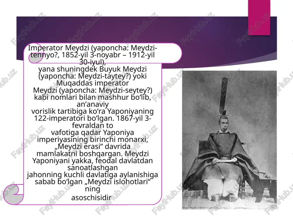y hujjat yoki rasmiy kontekstda ishlatilmaydi) mutsuhito (yaponcha: ?) boʻlgan. tokugava syogunligi xvii asr boshlarida oʻzini namoyon qila boshlagan[3]. yaponiya syogun hukmronligi ostida boʻlgan. taxminan 180 daimyo nomi bilan tanilgan lordlar syogun hukmronligi ostida avtonom hududlarni boshqargan va syogun vaqtivaqti bilan daimyolarni sovgʻa olish uchun chaqirib turgan, lekin ularga soliq solmagan. syogun daimyolarni boshqa yoʻllar bilan ham boshqargan; faqat syogungina daimyolarning nikohini maʼqullay olgan va daimyoni oʻz mulkidan mahrum qilishi mumkin boʻlgan 1605-yilga kelib oʻz lavozimidan rasman nafaqaga chiqqan tokugava ieyasu birinchi tokugava syoguni boʻlgan. nafaqaga chiqqandan soʻng, tokugava ieyasu va uning oʻgʻli, syogun tokugava hidetada, 1605-yilda zodagonlar uchun xulq-atvor kodeksini ishlab chiqqanlar. kodeksga koʻra, imperator oʻz vaqtini ilm va sanʼatga bagʻishlashi kerak edi[5]. syogunlik hukmronligi ostidagi imperatorlar konfutsiy klassikalarini oʻrganish, sheʼriyat va xattotlikka vaqt ajratish orqali ushbu qonunga qattiq rioya qilganligi tarixiy manbalarda oʻz aksini topgan[6]. imperatorlarga faqat yapon va xitoy tarixi, geografiyasi asoslari oʻrgatilgan[6]. syogun esa oʻz ishlari …