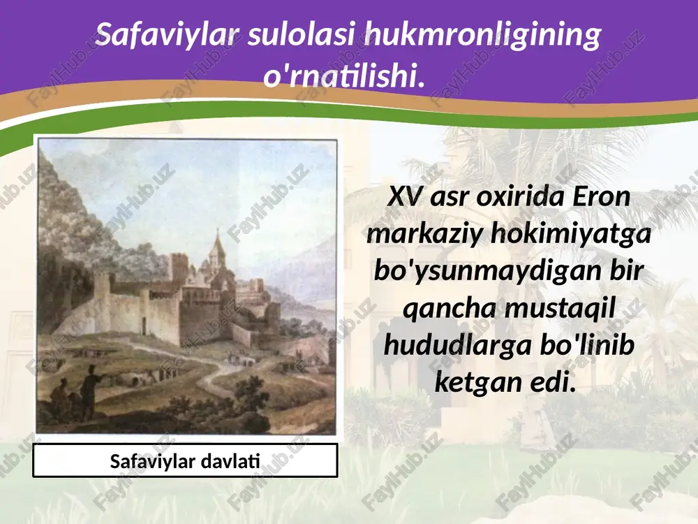 vri boshlandi. nodirshohning hokimiyat tepasiga kelishi. bu davrda safaviylar sulolasi hukmronligi nomiga bo'lsa-da, hamon davom etardi. so'nggi hukmdor taxmasp ii amalda hech qanday hokimiyatga ega emas edi. nodir quli chiqdi 1730- yilda afg'on qo'shinini butunlay tor-mor etib, eronni afg'on bosqinidan ozod etdi. nodirshoh 1736- yilga qadar nodir quli safaviylar davlatining tarkibiga kiruvchi barcha hududlarda o'z hokimiyatini o'rnatdi. nihoyat, 1736- yilda barcha qabilalar aslzodalarining qurultoyida o'zini eron shohi deb e'lon qilishga erishdi. shu tariqa safaviylar sulolasi hukmronligi butunlay barham topdi. qojarlar sulolasi hukmronligining o'rnatilishi. nodirshoh halokatidan keyin imperiya bir necha qismlarga bo'linib ketdi. eronda turli qabilalar o'rtasida toju taxt uchun kurash avj oldi. bu kurashda asosiy rolni zend va qojar qabilalari o'ynadi. ular o'rtasidagi toju taxt kurashi 1758- yilda zend qabilasi g'alabasi bilan tugadi. bu kurashda zendlarning asosiy raqibi qojarlar g'alaba qozondi. bu qabila rahnamosi og'a muhammadxon 1796- yilda o'zini eron shohi deb e'lon qildi. yangi sulola eronda 1925- yilgacha hukmronlik …