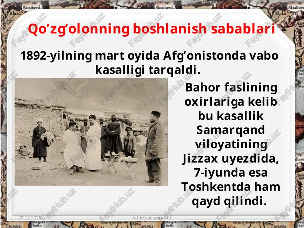 ko‘rsatib berdi. 18.03.2025 http://aida.ucoz.ru 8 toshkentdagi qo‘zg‘olon turkiston mustamlaka ma’muriyatini jiddiy tashvishga soldi. u hukumatga politsiya shtatini ko‘paytirish va jazo vakolatlarini yanada kengaytirish haqida murojaat qildi. 18.03.2025 http://aida.ucoz.ru 9 sankt-peterburg turkiston general-gubernatorining iltimosini qondirib, o‘lkada «mirshablik holati»ni joriy etishga ruxsat berdi. mustamlakachilar uchun keng vakolatlar berildi. 18.03.2025 http://aida.ucoz.ru 10 turkiston general-gubernatori «kuchli muhofazada» deb e’lon qilingan joylarda majlis-yig‘inlarni tarqatish, savdo-sanoat korxonalarini yopish, matbuot organlarini taqiqlash, istalgan odamni surgun qilish, jarima solish va boshqa huquqlarni oldi. 18.03.2025 http://aida.ucoz.ru 11 toshkent. eski shahar «favqulodda muhofazada» deb e’lon qilingan joylarda esa butun hokimiyat general-gubernator yoki u tayinlagan bosh noib qo‘liga o‘tdi. 18.03.2025 http://aida.ucoz.ru 12 ushbu qo‘zg‘olonning bostirilishida mustamlakachilar o‘z manfaatlari yo‘lida xalqning urf-odatlari, diniy e’tiqodi, milliy qadriyatlarini toptashdan ham qaytmasligini ko‘rsatdilar. 18.03.2025 http://aida.ucoz.ru 13 umuman olganda, mustamlakachilar har qadamda o‘zlarining o‘lkada hokim va istilochi ekanliklarini mahalliy aholiga namoyish qildi. 18.03.2025 http://aida.ucoz.ru 14 image2.jpg image3.png image4.png image5.jpeg image6.jpeg image7.jpg image8.jpg image9.jpg image10.jpeg image11.jpeg image12.jpeg …