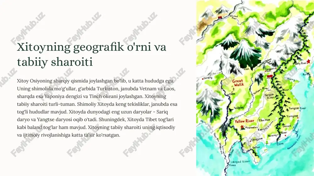 rining noyob uslublarini yaratishgan. musiqa va teatr musiqa va teatr ham rivoj topgan, ko'plab xitoy xalq qo'shiqlari va opera asarlari yaratilgan. bu davrda xitoy teatri o'zining noyob xususiyatlarini shakllantirgan. me'morchilik me'morchilikda ham yangi uslublar paydo bo'lgan, ayniqsa ibodatxonalar va saroylar qurilishida. bu davrda xitoy me'morlari o'zlarining ijodiy salohiyatlarini namoyish etishgan. 4 konfutsiylikdagi g'oyalar va ularning ahamiyati konfutsiylik insonlar o'rtasidagi munosabatlarni tartibga soladigan axloqiy va ijtimoiy falsafaga asoslangan. u insonlar o'rtasidagi uyg'unlik va ijtimoiy tartibni ta'minlashga qaratilgan. konfutsiylik oilani jamiyatning asosiy hujayrasi sifatida ko'rib chiqadi. u ota-onalarga bolalariga hurmat va itoatkorlik qilishni, bolalarga esa ota-onalariga hurmat va itoatkorlik qilishni ta'kidlaydi. konfutsiylik bilimlarni olishni va o'zini rivojlantirishni muhim deb hisoblaydi. u ta'lim olishni jamiyatning farovonligi uchun muhim omil deb hisoblaydi. konfutsiylik ijtimoiy tartib va uyg'unlikni ta'minlashga qaratilgan. u hukmdorlarga odil va adolatli bo'lishni, xalqqa esa hukmdorlarga itoatkorlik qilishni ta'kidlaydi. 5 daoizm va buddizm ta'sirining kuchayishi 1 daoizmning ta'siri daoizm xitoy madaniyatiga chuqur …