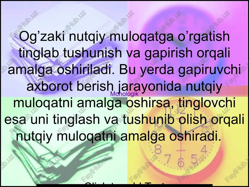 i. 2. gaplarning kitob uslubiga mansubligi. 3. nutqni bayon qilishga bog’liqlik bo’lishi. . 1993-yilda chiqarilgan dasturda bayon qilinishicha monologik nutq : 5 – sinfda 5-7 ta jumla 6- sinfda 7 ta jumla 7- sinfda 9 ta jumla 8-sinfda 8-10 jumladan iborat bo’lishi kerak. dialogik nutq dialogik nutq og’zaki nutqning bir turi bo’lib ikki yoki undan ortiq shahslarning suhbati asosida quriladi. dialogik nutqning ham o’ziga hos hususiyatlari, qiyinchiliklari bor.o’qituvchi uni hisobga olishi zarur. dialogik nutqning hususiyatlari quyidagilar: 1.dialog tezda javob qaytarishzaruriyatidir. 2.dialogda 2ta so’zlovchi ishtirok etadi. 3.dialog faqatgina savol-javobdan tashkil topmaydi. 4. xar bir so’zlovchi o’z maqsadini ko’zlaydi . 5. dialogda qatnashuvchilar oldindan uning mazmunini bilishlari qiyin . 6. dialogda qatnashuvchilar bir-birini sharoitlarini , vaziyatlarini , xususiyatlarini bilgan taqdirda dialog davom etadi . 7. dialogda qatnashuvchilardan biri dialogga yetakchilik qilishi zarur . 8. dialog ta’sirchan , qiziqtiradigan mavzuda bo’lishi , kimgadir , nimagadir qaratilshi zarur. 9. dialog nutq vaziyatida bo’ladi . …