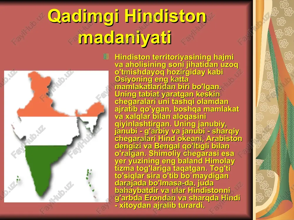 r gomer dostoniari bilan tenglashtirish mumkin. bu dostonlarning biri maxabxarata (bxarta avlodlarining buyuk urushi) deb, ikkinchisi esa ramayana (ramaning faoliyati tog'risida qissalar) deb atalgan. garchi an'anada bu dostonlar avtorlarining nomi (vayasi va valmiki) saqlangan, ammo afsonaviy gomerning tarixan rostligi qanchalik gumon bo'lsa, u mualliflar ham shundaydir u dostonlarning ikkisi ham eramizning avvalgi 1 ming yillikning taxminan o'rtalarida tarkib topa boshlagan va eramizdan dastlabki asrlarida qat'iy shakl olgan (vaqtiarni mutlaqo aniq belgilab bo'lmaydi). eng qadimgi hindiston jamiyati va madaniyati. hindiston yarim orolining shimoli-g`arbidan hind daryosi oqib o`tadi. bu daryo sanskrit tilida sindxu, pushtu tilida esa abbasin – «daryolar otasi», – deyiladi. bu daryoning besh irmog`i oqib o`tadigan joy panjob – beshsuv deyiladi. hind daryosi, ayniqsa uning yuqori qismi panjobda ibtidoiy davrdan boshlab odamlar yashab kelishgan. 1920–1922-yillarda arxeologlar panjob va maxenjo-doro yodgorligini topganlar. tekshirishlardan bu yodgorlik hind shaharlarining xarobasi bo`lib chiqdi. moxenjo-doro hind daryosining o`rta qismida joylashgan bo`lib, har biri ikki yarim …