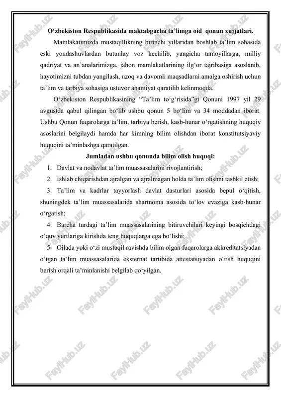 ishini: akademik litseyda yoki kasb-hunar kollejida o‘qishni tanlashning ixtiyoriyligi; 5. ta’lim tizimining dunyoviy xarakterda ekanligi; 6. davlat ta’lim standartlari doirasida ta’lim olishning hamma uchun ochiqligi; 7. ta’lim dasturlarini tanlashga yagona va tabaqalashtirilgan yondashuv; 8. bilimli bo‘lishni va iste’dodni rag‘batlantirish; 9. ta’lim tizimida davlat va jamoat boshqaruvini uyg‘unlashtirish. ushbu qonunda tegishli ma’lumoti, kasb tayyorgarligi bor va yuksak axloqiy fazilatlarga ega bo‘lgan shaxslar pedagogik faoliyat bilan shug‘ullanish huquqiga ega ekanligi xamda pedagogik faoliyat bilan shug‘ullanish sud hukmiga asosan man etilgan shaxslarning ta’lim muassasalarida bu faoliyat bilan shug‘ullanishiga yo‘l qo‘yilmasligi aloxida ta’kidlab o‘tilgan. “ta’lim to‘g‘risida”gi qonunning 6-moddasida ta’lim muassasasining huquqiy maqomi nazarda tutilgan. unga asosan, ta’lim muassasasi yuridik shaxs bo‘lib, qonun hujjatlarida belgilangan tartibda tashkil etiladi. nodavlat ta’lim muassasasi o‘zbekiston respublikasi vazirlar mahkamasi belgilagan tartibda davlat akkreditatsiyasidan o‘tgan paytdan boshlab yuridik shaxs huquqlari va ta’lim faoliyati bilan shug‘ullanish huquqiga ega bo‘ladi. ta’lim muassasasini akkreditatsiyalash vakolatli davlat organi tomonidan attestatsiyaga asosan amalga oshirilishi belgilab …