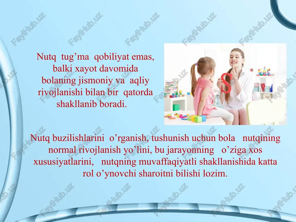 jlanib boradi, bu esa bolaning o’zi talaffuzini nazorat qilishga imkoniyat yaratadi. ba’zi xollarda bolalar o’z kamchiligini to’g’rilaydilar. ularda fonematik idrok shakllanib boradi. bolaning 4-6 yoshida uning aktiv lug’ati 3000-4000 ta so’zgacha yetadi. lug’at boyligi o’sib borishi bilan birgalikda nutqning grammatik tomoni ham rivojlanib boradi. bola xayotining 4-yiliga kelib, ular o’z nutqlarida sodda va murakkab gaplarni qo’llay boshlaydilar. 5 yoshga kelib esa qo’shma gaplardan erkin foydalana oladilar. 5 yoshli bolalar qo’shimcha savollarsiz xikoya va ertaklarni aytib berish qobiliyatiga ega bo’ladilar. bu davrda fonematik idrok sezilarli darajada rivojlanadi. bola avval unli va undoshlarni, so’ng sonor, shovqinli va sirg’aluvchi tovushlarni ajrata boshlaydi. normada 4 yoshli bola barcha tovushlarni ajrata olishi, unda fonematik idrok shakllangan bo’lishi lozim. bu vaqtga kelib, tovushlarni to’g’ri talaffuz o’zining shakllanishi tugallanadi va bola har tomonlama to’g’ri aniq gapira oladi. foydalanilgan adabiyotlar: 1 rozengrad-pupko g.a. «rech i razvitiye vospitaniya v rannem vozraste» m 1963 y. 2. fomicheva t.b» vospitaniye u …