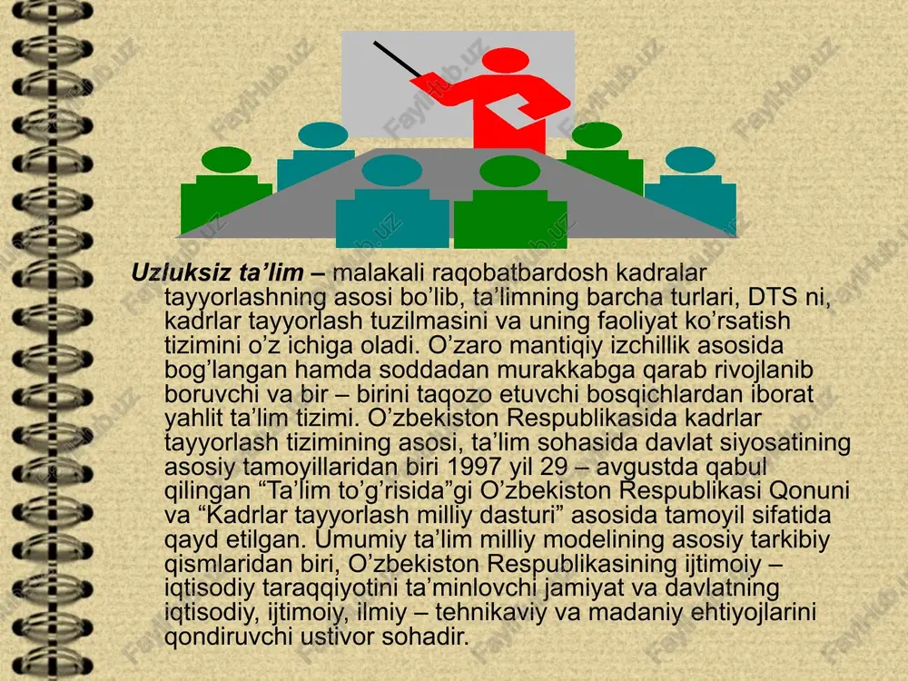 ta’lim bola 6 – 7 yoshga etguncha davlat va nodavlat maktabgacha tarbiya bolalar muassasalarida hamda oilalarda amalga oshiriladi. uning maqsad – vazifalarini ro’yobga chiqarishda mahallalar, jamoat va hayriya tashkilotlari, halqaro fondlar ishtirok etishi mumkin. umumiy o’rta ta’lim – bu to’qqiz yillik (i – ix sinflar) o’qitishdan iborat bo’lgan umumiy o’rta ta’lim – majburiy ta’limdir. bunda ta’lim oluvchilarning fanlar asoslari bo’yicha muntazam bilim olishlarini, ularda bilim o’zlashtirish ehtiyojlarini, asosiy o’quv – ilmiy va umummadaniy bilimlarini, milliy va umumbashariy qadriyatlarga asoslangan ma’naviy – ahloqiy fazilatlarni, mehnat ko’nikmalarini, ijodiy fikrlash va atrof – muhitga ongli munosabatda bo’lishni va kasb tanlashni shakllantiradi. o’rta umumta’lim – uzluksiz majburiy ta’lim bo’lib, unda quyidagi muammolar hal bo’ladi: fanlar asoslari bo’yicha uzluksiz bilim beriladi; mehnat ko’nikmalari shakllanadi; ijodiy fikrlash va atrof muhitga ongli munosabatda bo’lishi o’rgatiladi; kasb tanlash shakllanadi. umumiy o’rta ta’limning dastlabki bosqichi boshlang’ich ta’lim deb nomlanadi. boshlang’ich ta’lim – umumiy o’rta ta’limning dastlabki bosqichi. o’zbekiston respublikasida …