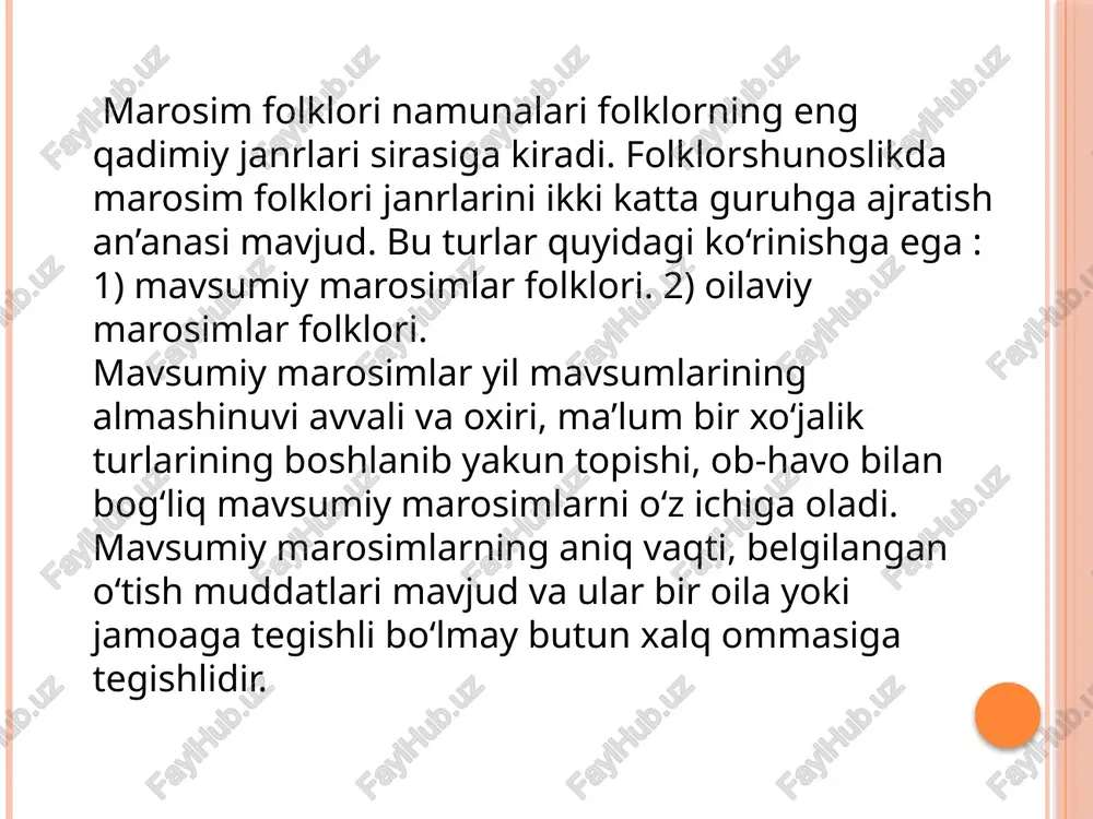 adi. oilaviy marosimlar esa aksincha bir oila va oila a’zolari hayotidagi barcha mavsumlar o‘zgarishlarni o‘z ichiga qamraydi. oilaviy marosimlar mazmuni tug‘ilish, to‘y va motam marosimlaridan iborat va bu marosimlarda ijro etiluvchi folklor namunalari oilaviy marosimlar tarkibiy qismini tashkil etadi. 2. mavsumiy marosimlar. o‘zbek mavsumiy marosim folklori o‘z ichiga quyidagi janrlarni qamrab oladi: 1) yil fasllari bilan bog‘liq marosim folklori janrlari: a) qishki marosimlar folklori janrlari: «sherda», «qor xat». xalqimizning qadimiy an’anasiga ko‘ra, yil bo‘yi mehnat qilib, kuzda dala ishlarini nihoyasiga yetkazgan dehqon va bog‘bonlar, shuningdek, o‘z suruvini qishlovga qaytarib kelgan chorvadorlar qishi bilan turli-tuman marosimlar orqali vaqtning ko‘ngilli o‘tishini ta’minlaganlar. yoshi teng bo‘lgan kishilar, ya’ni hamteng, jo‘ra, do‘st- yorlar «teng-tengi» bilan yig‘ilishib, «gap-gashtak», «dangana», «to‘kma», «sherda», «harfona» («xalpana»), «o‘tirishma», «ziyofat», «tashkil», «gurung» kabi turli xil marosimlarni tashkil etishgan. ana shu xildagi o‘tirishlar xalq orasida keng ommalashgan bo‘lib, odatda, o‘ziga xos marosim tarzida o‘tkazilgan. qish fasli bilan bog‘liq mavsumiy marosim folklorining …