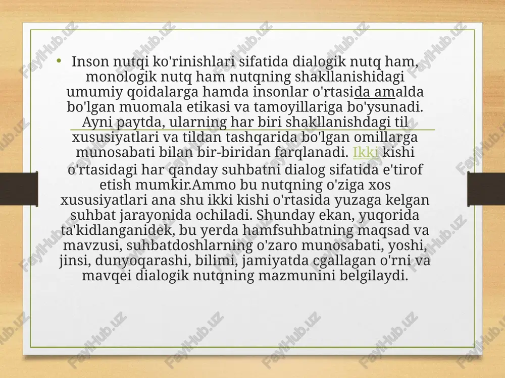 n ? — bir xil paytda men borardim, bir xil paytda i borardi, bir xil paytda ikkalavuza borardik. og’zaki nutqiy muloqatga o’rgatish tinglab tushunish va gapirish orqali amalga oshiriladi. bu yerda gapiruvchi axborot berish jarayonida nutqiy muloqatni amalga oshirsa, tinglovchi esa uni tinglash va tushunib olish orqali nutqiy muloqatni amalga oshiradi. suxbat davomida gapiruvchi bilan tinglovchi rollari almashib turiladi. og’zaki nutqiy muloqat bir tomonga yo’naltirilgan bo’lishi ham mumkin. bunda birinchi shaxs faqat gapiradi, ikkinchi shaxs va qolganlari faqat tinglaydi. matnlarning til jihatiga e'tibor berilganda shu narsa ma'lum bo'ladiki, suhbat jarayonidagi gaplar asosan savol-javoblardan iborat bo'ladi, va'ni gaplarning ma'lum qismini so'roq gaplar tashkil qiladt.[b*u gaplar tuzilishiga ko'ra sodda va to'liqsiz gaplardan iborat bo'ladpto'liqsiz bo'lishining sababi ma'lum, albatta. undagi ma'no yoki avvalgi gapdan yoki umuman suhbat mazmunidan anglashiladi. ayrim gaplarda uzilish-lar ro'y beradi (— lola ko'chasida o'n yettinchi uyda tu-radigan sharif aka degan kishi) va uzilishlar ham aniq bir maqsadni ko'zda tutadi. …