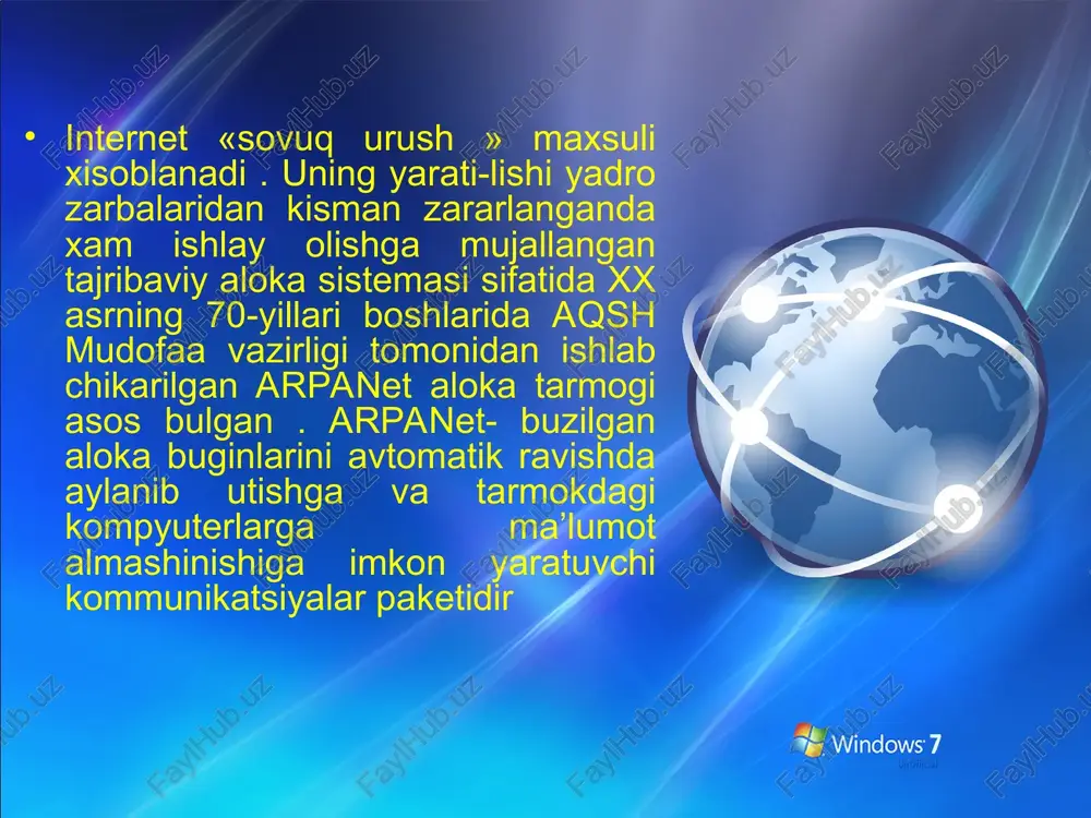 asos buldi . bu loyixaning maksadi internet da axborot tarkatishning samarali usullarini izlash va uning okibatlarini kuzatishdan iborat edi .xozirgi kunda world wide web internet ning eng tez rivojlanayot-gan soxalaridan biri bulib koldi . www da axborot maxsus saxifalarda , ya’ni web-saxifa-larda joylashadi . web – saxifadagi matn , rasm , tovush , videltasvir va xokazo kurinishidagi axborotlarni joy lashtirish mumkin . bu esa uz navbatida reklama , tijorat , ta’lim va boshka kupgina soxa vakillariga bekiyos imkoniyatlar ochib berdi . masalan juda kup kinostudiyalar uz maxsulotlarini reklama kilish uchun web – saxifalar yaratishadi . mazkur web-saxifalarda asosan yangi filmlar xakidagi ma’lumotlar bilan birga , shu filmlardan 1-2 dakikali parchalar aks etturiladi . www yaratilgknga kadar bunday imkogiyatlar fakat kinoteatrlar yoki televideniya orkaligina mumkin edi . kinoteair va televideniya orkali namoyishlar belgilangan vaktga boglik bulsa , www dan xoxlagan kishi istalgan vaktda yangi filmlar xakida tulik ma’lumot olishi mumkin . …
