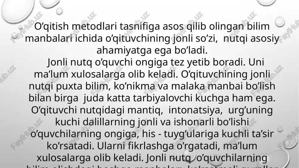 dlatish emas, balki, ko‘proq ularning og‘zaki va yozma nutqtalarining ravon va erkin bo‘lishiga erishish maqsadida kichik - kichik matnlar yaratishga harkat qilinadi. matn yaratish dastlab "ona tili" darslarida keyinchalik esa ularga "o‘qish" darslarida har xil mavzudagi matnlarni o‘qish, yozma ravishda tayyorlash yo‘llari bilan mukammallashtirilib boriladi. boshlang‘ich sinf o‘quvchilari og‘zaki va yozma nutqiga zarur bo‘lgan rahmat, kechirasiz, iltimos, marhamat, barakalla kabi kirish so‘zlarni ham singdirib borish lozim. matn ustida ishlash boshlang‘ich sinf o‘quvchilari nutqini o‘stirishning eng ma'qul usullaridan biri hiosblanadi. buning uchun ularning og‘zaki va yozma nutqlarini baravar rivojlantirib borish kerak. biror asar matn ustida ishlashda ham bu talablarni unutmaslik lozim ekan. shuningdek, lug‘at ustida ishlash orqali ham takomillashtiriladi. masalan, biror matn o‘qib bo‘lingach, undagi notanish so‘zlar aniqlanib ularning talaffuzi va imlosi tushuntiriladi. ayrim qiyin so‘zlar ma'nosi ozohlanadi. matn mazmunini qayta hikoya qilish orqali ham nutq o‘stirish mashg‘ulotlari amalga oshiriladi. masalan, 2-sinfda "sumalak" rivoyati qayta qiish orqali bu masalalar yechib boriladi. …