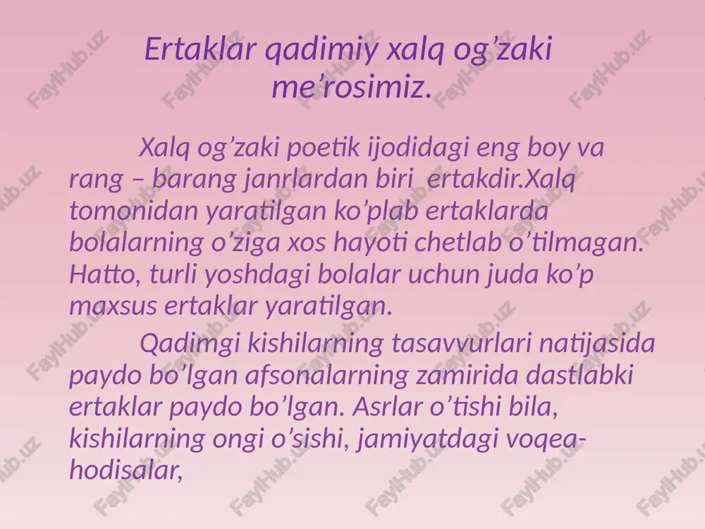 ming yillar davomida insoniyatning ezgu va shirin hayollari, turli yovuz kuchlarga qarshi olib borgan kutashlari davomidagi xulosalar, ulardan kelib chiqadigan extiyojlarning o’ziga xos yechimi sifatida maydonga kelgan. sehrli – fantastik ertaklarning obrazlari tizimi o’ziga xosdir. unda ijobiy va salbiy xarakterdagi obrazlarni uchratish mumkin. sehrli ertaklarda pari, yalmog’iz,dev, ajdar kabi fantastik va mifolagik obrozlar sistemasi mavjud. hayotiy – maishiy ertaklar. hayotiy – maishi ertaklarda sehrli voqea va buyimlar ishtirok etadi. bunday ertaklar jamiyat va yakka shaxslarning kundalik hayot inson umri davomidagi ayrim voqealarni aks ettiradi. hayotiy – maishiy ertaklar real hayotiy voqealar asosida qurilgan bo’lganligi uchun ularda fantastika muhim rol o’ynamaydi. ertak qahramonlari faol yashaydigan kishilar bo’lib, ular o’z aql-zakovatlari, bilim va tajribalarga suyangan holda katta muammolarni hal qiladilar. hajviy ertaklar. hajviy ertaklarda ijtimoiy hayotdagi barcha salbiy holat va ko’rinishlar inson xarakterlarini ochib beradi. ijtimoiy hayotdagi barcha ziddiyat va qarama – qarshiliklar bunday ertaklarga asos bo’la oladi. bunday ertaklarda zolim podisholar, …