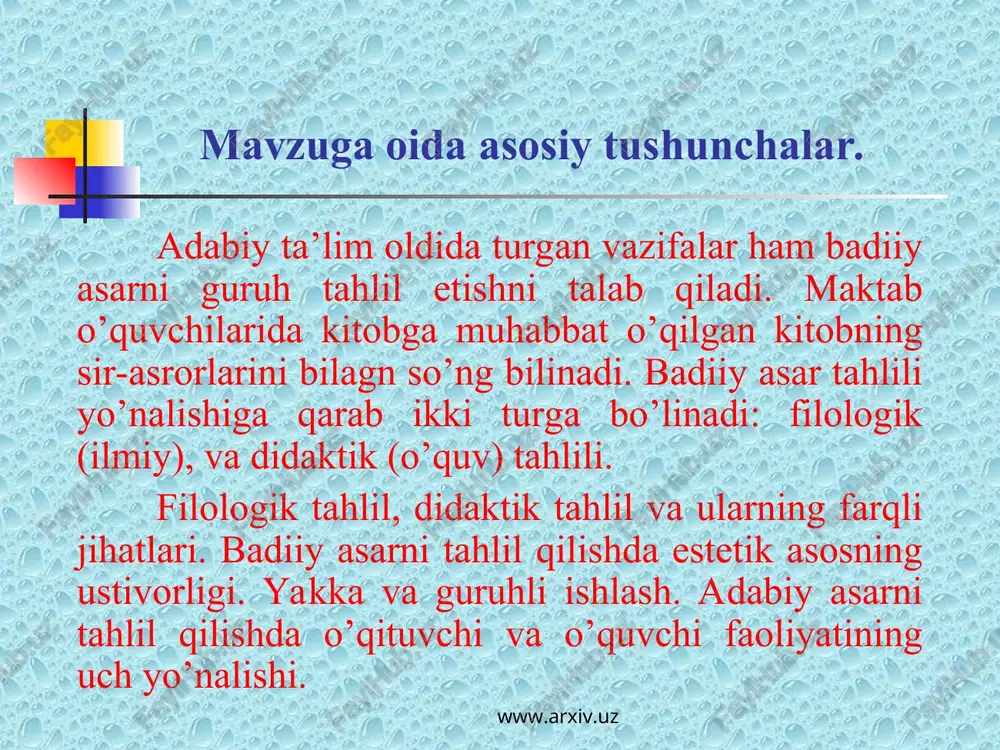 lil badiiy asardan chiqarilgan xulosalarning adabiyotshunoslik ilmi erishgan darajaga muvofiq kelishini talab qiladi. tahlil jarayonidagi har bir fikr ham mantiqiy tushunchalar, estetik qonuniyatlar bilan asoslangan bo’ladi. www.arxiv.uz www.arxiv.uz filologik (ilmiy) tahlil badiiy asardan chiqarilgan xulosalarning adabiyotshunoslik ilmi erishgan darajaga muvofiq kelishini talab qiladi. tahlil jarayonidagi har bir fikr ham mantiqiy tushunchalar, estetik qonuniyatlar bilan asoslangan bo’ladi. o’quv tahlili – ilmiy tahlil singari faqat ilmiy-estetik faoliyat bo’lib qolmay, balki pedagogik-psixologik jarayon hamdir. chunki pedagogik maqsadga yo’naltirilganlik har qanday didaktik tahlilning asosiy belgisidir. dars jarayonida to’g’ri amalga oshirilgan didaktik tahlil o’quvchining badiiy madaniyatini yuksaltiradi, estetik xodisalarni ko’rish undan mantiqiy-hissiy ta’sirlanish va ular ta’sirida umumlashma xulosalariga kelish qobiliyatini shakllantiradi. chunki badiiy asar tahlil qilinayotganda tarbiyalanuvchining tafakkuri va qissiyoti faol ishlashga majbur bo’ladi. masalan: rauf parfining «yomg’ir yog’ar» she’rini tahlil qilishga urinib ko’raylik. yomg’ir yog’ar, shig’alab yog’ar, tomchilar, tomchilar sochimga, yomg’ir yog’ar, shig’alab yog’ar, ham qayg’umga, ham boshimga. www.arxiv.uz www.arxiv.uz o’qituvchi misralar zamiriga yashiringan …