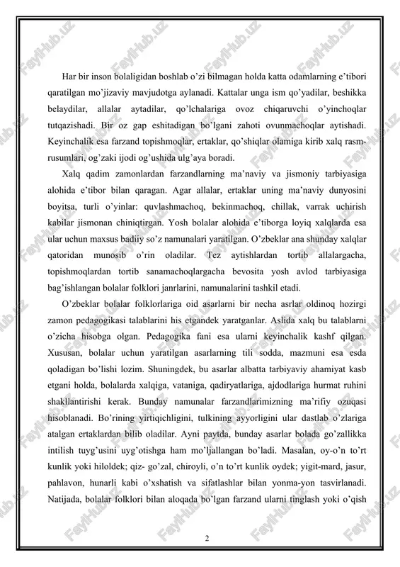 k; qiz- go’zal, chiroyli, o’n to’rt kunlik oydek; yigit-mard, jasur, pahlavon, hunarli kabi o’xshatish va sifatlashlar bilan yonma-yon tasvirlanadi. natijada, bolalar folklori bilan aloqada bo’lgan farzand ularni tinglash yoki o’qish barobarida o’zbekning o’zbekona tarbiyasi bilan tanishib boradi va o’zbek bo’lib voyaga etishadi. bola tug’ilgan zahoti dunyodagi eng mehr bilan aytiladigan qo’shiqni eshitadi. alla ana shu qo’shiq hisoblanadi. sevimli shoirimiz cho’lpon alla haqida shunday degan edi: “bir bola uxlamasa, alla aytadilar. bola tez uxlab ketar. chunki ul andin bir lazzat his qilur”. bu ifodada allaning eng muhim fazilati- bola ruhiga ta’siri aks etgan. keksalarimiz allaning sadolari bola ruhiga iymon, vataniga muhabbat, xalqiga hurmat, o’zi tug’ilgan oilaga izzat bo’lib quyilishini ko’p aytganlar. alla atamasi olimlarning ta’kidlashlaricha ovutib, uxlatish ma’nosini berar ekan. ayni chog’da bu so’zning “alloh”dan olinganligi ham ta’kidlanadi. alla deyarli hamma xalq og’zaki ijodida bor. uni ruslar “kolo’belnaya”, gruzinlar “nanina” deb atashadi. alla qo’shiqlari matnida bir nechta mavzular ifodalanadi: 1)onaning farzand …