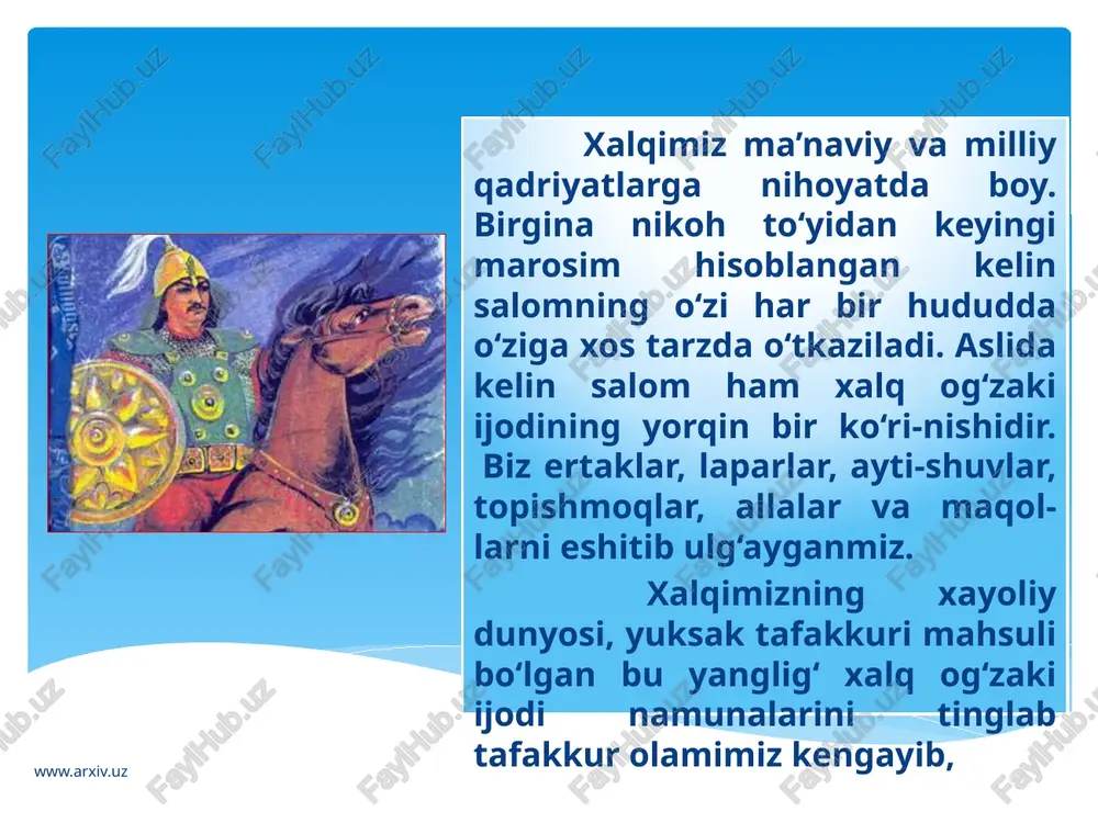 a, menga juda kerakligim alla, bolam alla-yo, jonim, bolam alla-yo. www.arxiv.uz xalq og‘zaki ijodining boshqa bir qator janrlari ham borki, ularga biz hayotimiz davomida ko‘p bora duch kelamiz. masalan bobo-buvilarimiz, ajdodlarimizning ko‘rgan-kechirganlari asosida dunyoga kelgan ertaklardir. bolajonlarimiz uchun niho-yatda qiziqarli va maroqli bo‘lgan ertak-larning ham turli yo‘nalishlari mavjud. jumladan, afsonaviy, sehrli ertaklar, sarguzasht ertaklar, hayotiy-maishiy ertaklar, hayvonlar haqidagi ertaklar, xalq qahramonlari hayoti tasvirlangan ertaklar... www.arxiv.uz ular uzoq o‘tmishning belgilarini saqlagan holda, insonlarning bugungi hayoti bilan hamohang tarzda o‘z qadr-qimmatini asrlar osha yo‘qotmaydi. folkloristik termin sifatida ertak, ayrim hududlarda esa matal deb nomlanuvchi, bolaligimizning beg‘ubor onlarida doimo bizga yo‘ldosh bo‘lgan “zumrad va qimmat”, “kenjabotir”, ”yoriltosh”, “uch og‘ayni botirlar”, “ur to‘qmoq”, “chol bilan kampir”, “ochil dasturxon”, “ilon pari”, “podachining qizi” kabi ertaklarni bir yodga olaylik. www.arxiv.uz xalq og‘zaki ijodiyotining eng qadimiy, ommaviy va keng tarqalgan janrlaridan bo‘lgan bu ertaklarni qayta-qayta tinglagani-miz, undagi yaxshilig-u yomonlik, ezgulig-u yovuzlikdan ta’sirlanib, buvilarimizdan eshitgan matalla-rimiz qahramonlariga o‘xshashga …