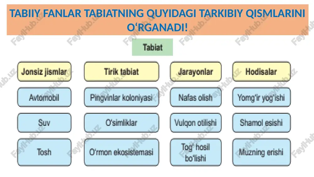 teriya va odam) ni o‘rganuvchi fan qanday ataladi? 12. okean, tog‘ jinslari, zilzila, shamol, qazilma boyliklar, yer yuzining relefi, iqlim hodisalarini qaysi fan o‘rganadi? 13. modda va uning xossalari, xususiyatlari va kimyoviy tarkibini o‘rganish bilan qaysi fan shug‘ullanadi? 14. moddaning tuzilishi, tabiati va uning ishtirokida turli jihozlar va qurulmalar ishlab chiqarish, masalan, elektr energiyasi ishlab chiqarish bilan qaysi fan shug‘ullanadi? mantiqan fikrlashga qaratilgan mashqlar! 1. tadqiqot predmeti mikroskop bo‘sa, okulyar uning tadqiqot obyekti bo‘la oladimi? 2. tadqiqot predmeti lola o‘simligi bo‘lsa, ildiz, poya, barg va gul uning obyektimi? 3. tadqiqot predmeti shamol, bulut, yomg‘ir bo‘lsa, tadqiqot obyekti iqlim bo‘la oladimi? 4. tadqiqot obyekti avto mashina bo‘lsa, rul, g‘ildirak, chiroqlar uning predmeti? 5. biologiya fanining obyekti yirtqich hayvon bo‘lsa, hayvon tishi, tirnog‘i, jag‘lari uning predmeti bo‘la oladimi? 6. tabiiy fanlar jumlasiga kimyo, fizika, biologiya, geometriya, geografiya, asrtonomiya kira oladimi? 7. fizika fani moddalarning kimyoviy tarkibi va bir biriga aylanish qonuniyatlarini o‘rganadimi? …